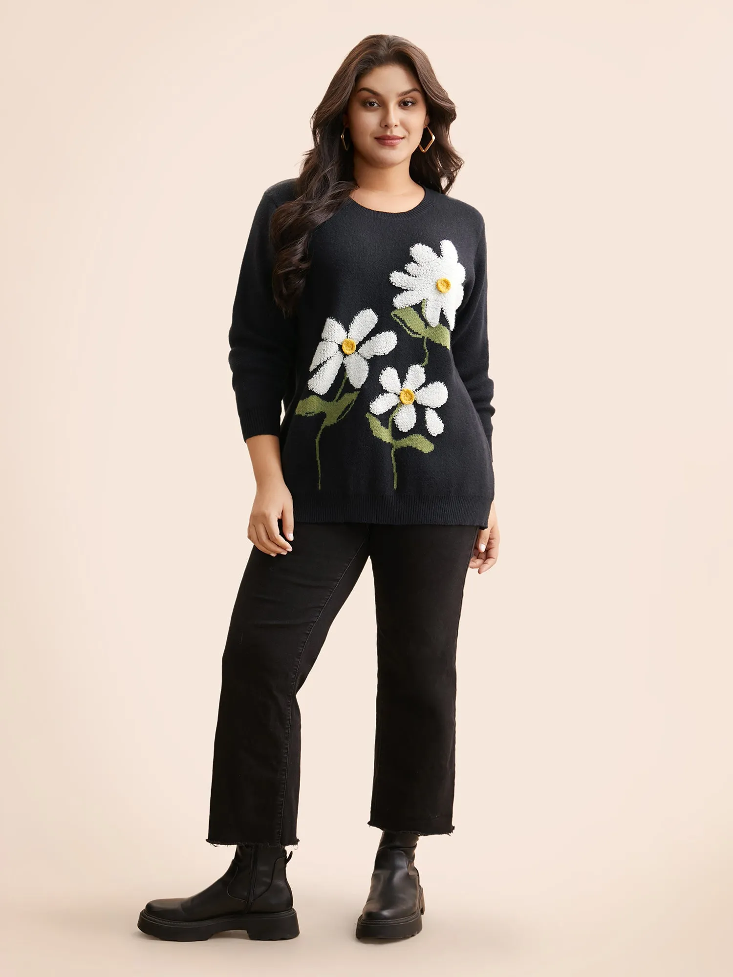 Round Neck Floral Contrast Texture Pullover sold by Bloomchic product image thumbnail 2