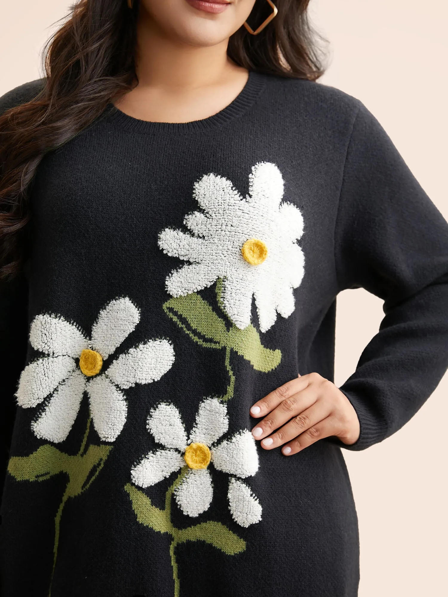 Round Neck Floral Contrast Texture Pullover sold by Bloomchic product image thumbnail 4