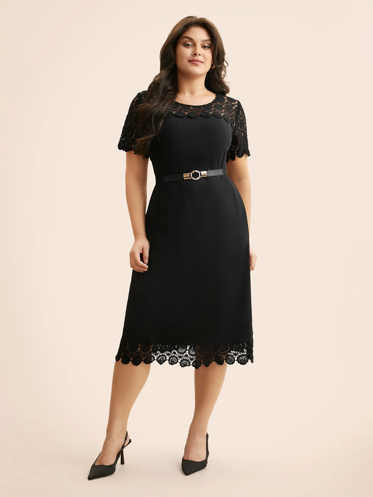 Crew Neck Lace Panel Midi Dress sold by Bloomchic