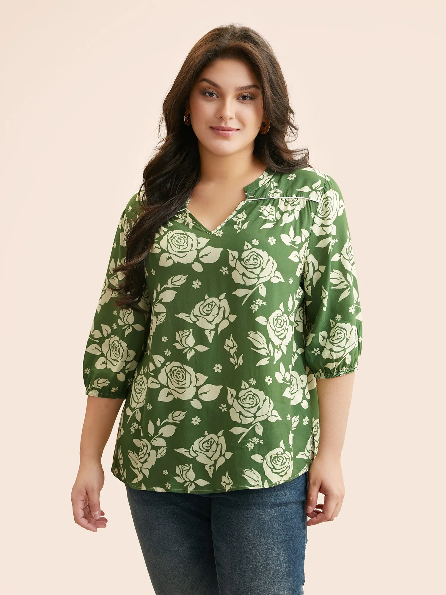 Floral Notched Gathered Lantern Sleeve Blouse sold by Bloomchic