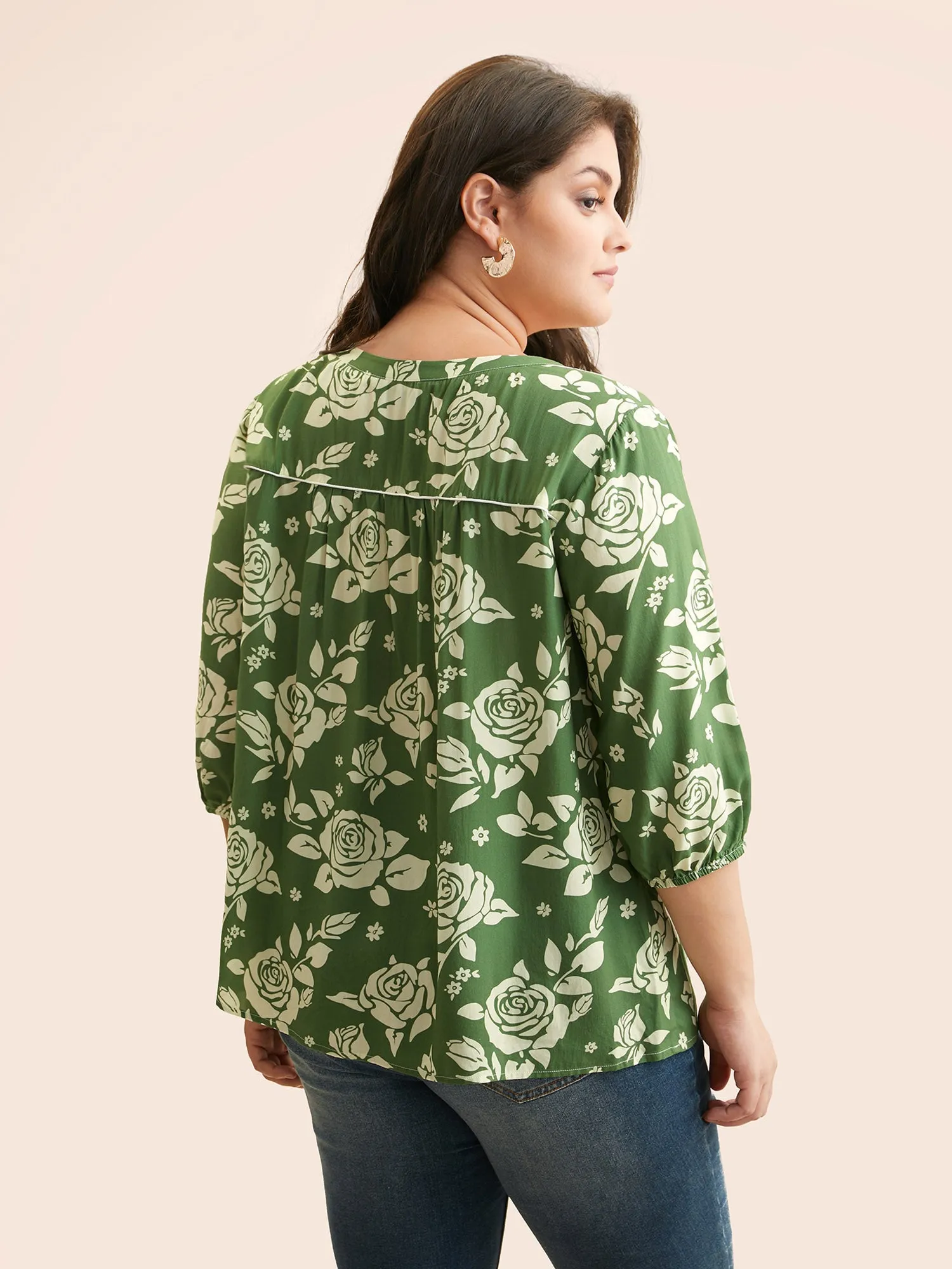 Floral Notched Gathered Lantern Sleeve Blouse sold by Bloomchic product image thumbnail 3