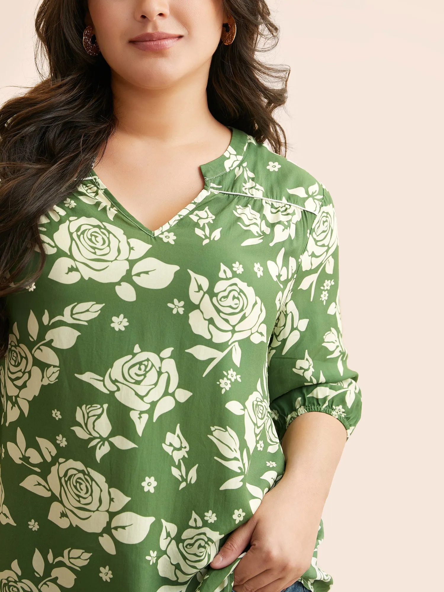 Floral Notched Gathered Lantern Sleeve Blouse sold by Bloomchic product image thumbnail 4