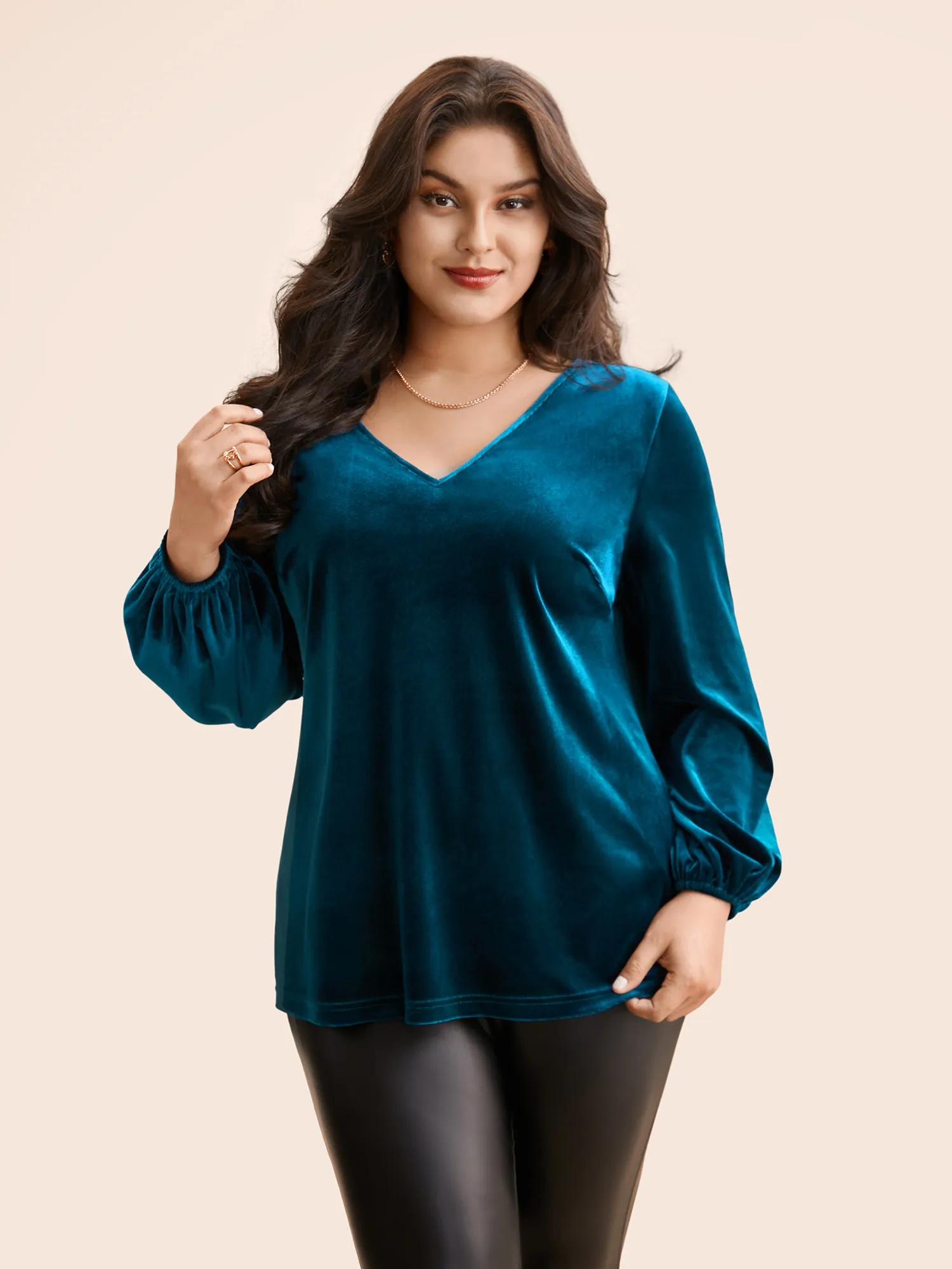 V Neck Velvet Lantern Sleeve Blouse sold by Bloomchic product image thumbnail 4