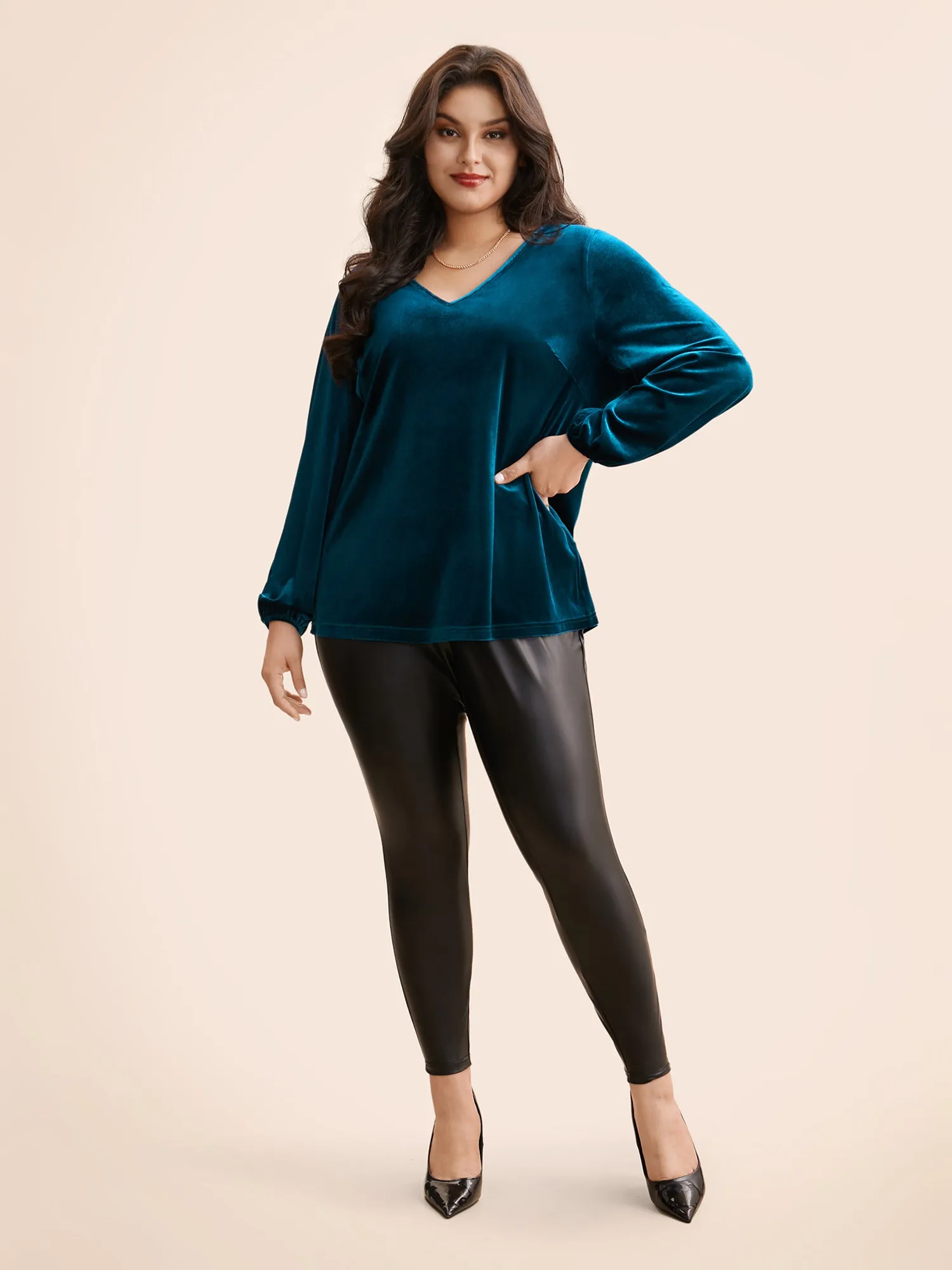 V Neck Velvet Lantern Sleeve Blouse sold by Bloomchic product image thumbnail 2