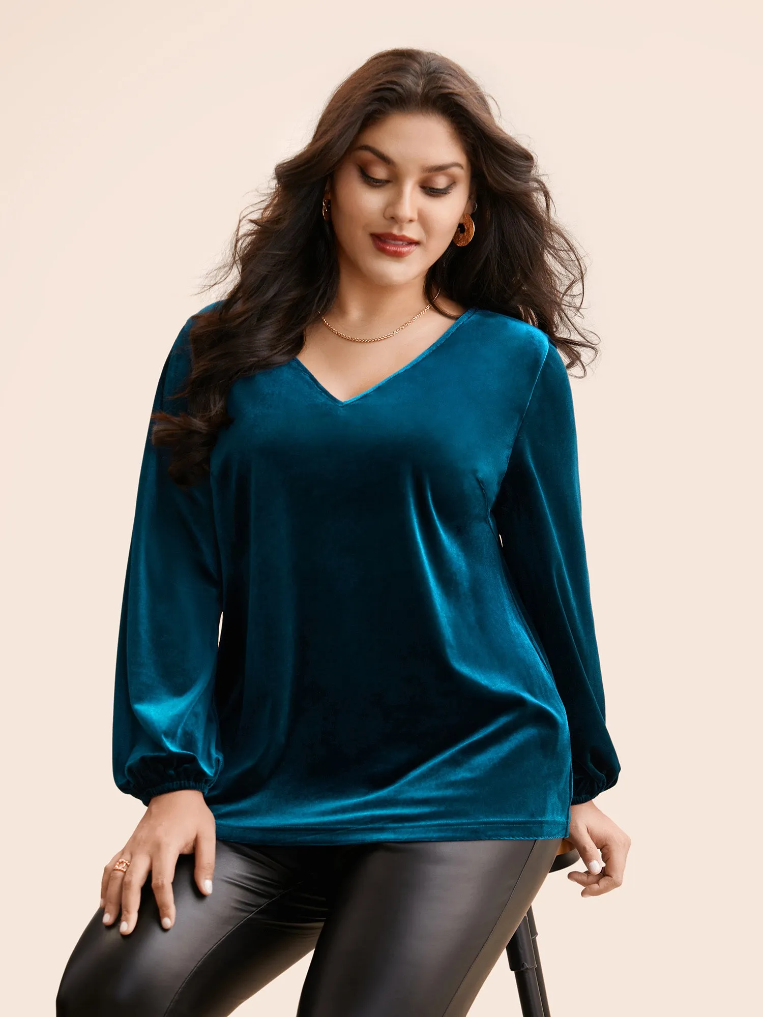 V Neck Velvet Lantern Sleeve Blouse sold by Bloomchic