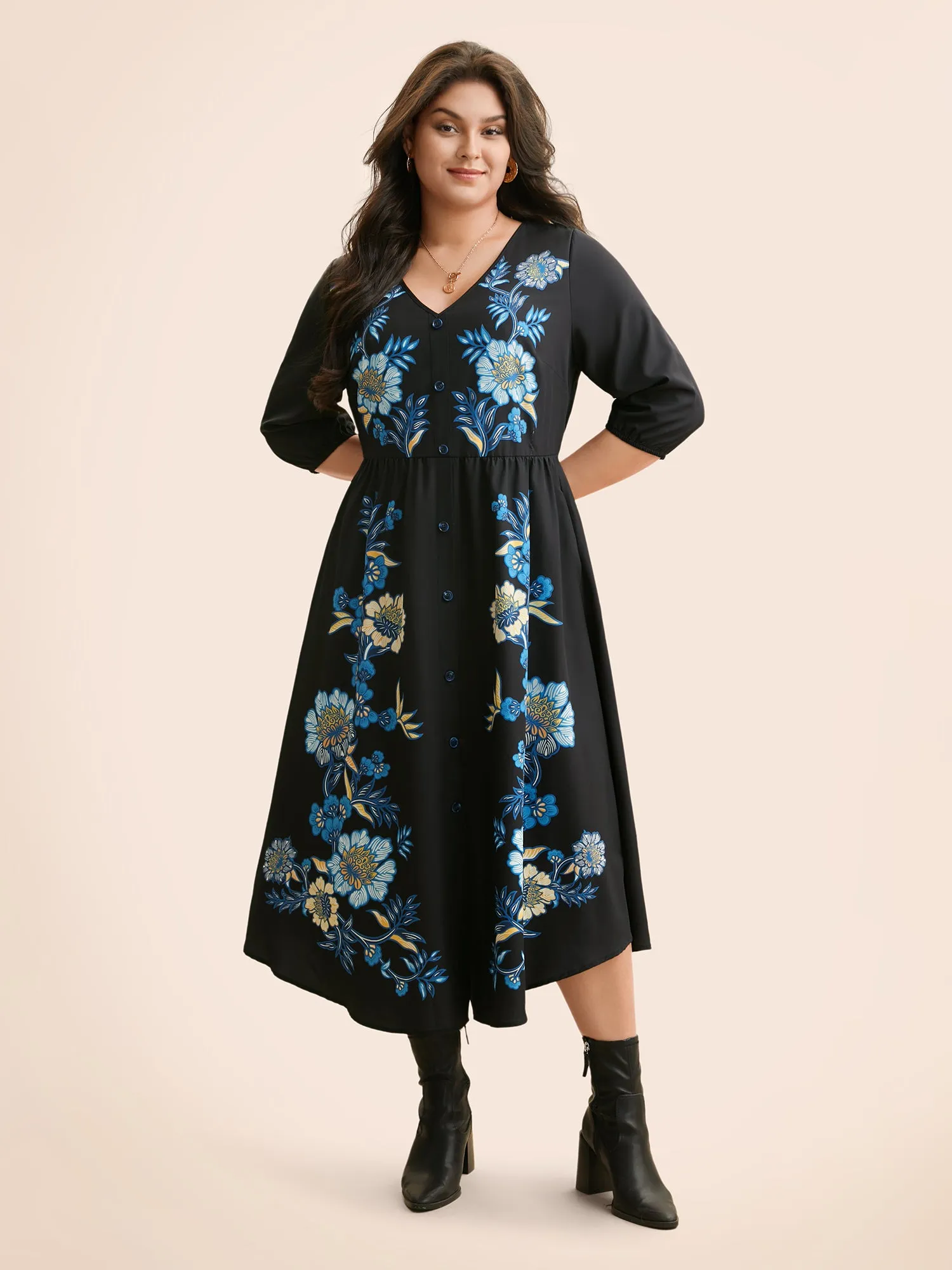 Boho Print Lantern Sleeve Midi Dress sold by Bloomchic