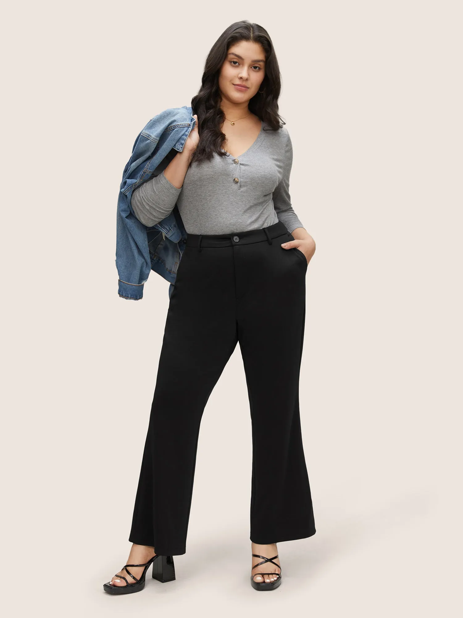 Solid High Rise Slant Pocket Flare Leg Pants sold by Bloomchic product image thumbnail 3