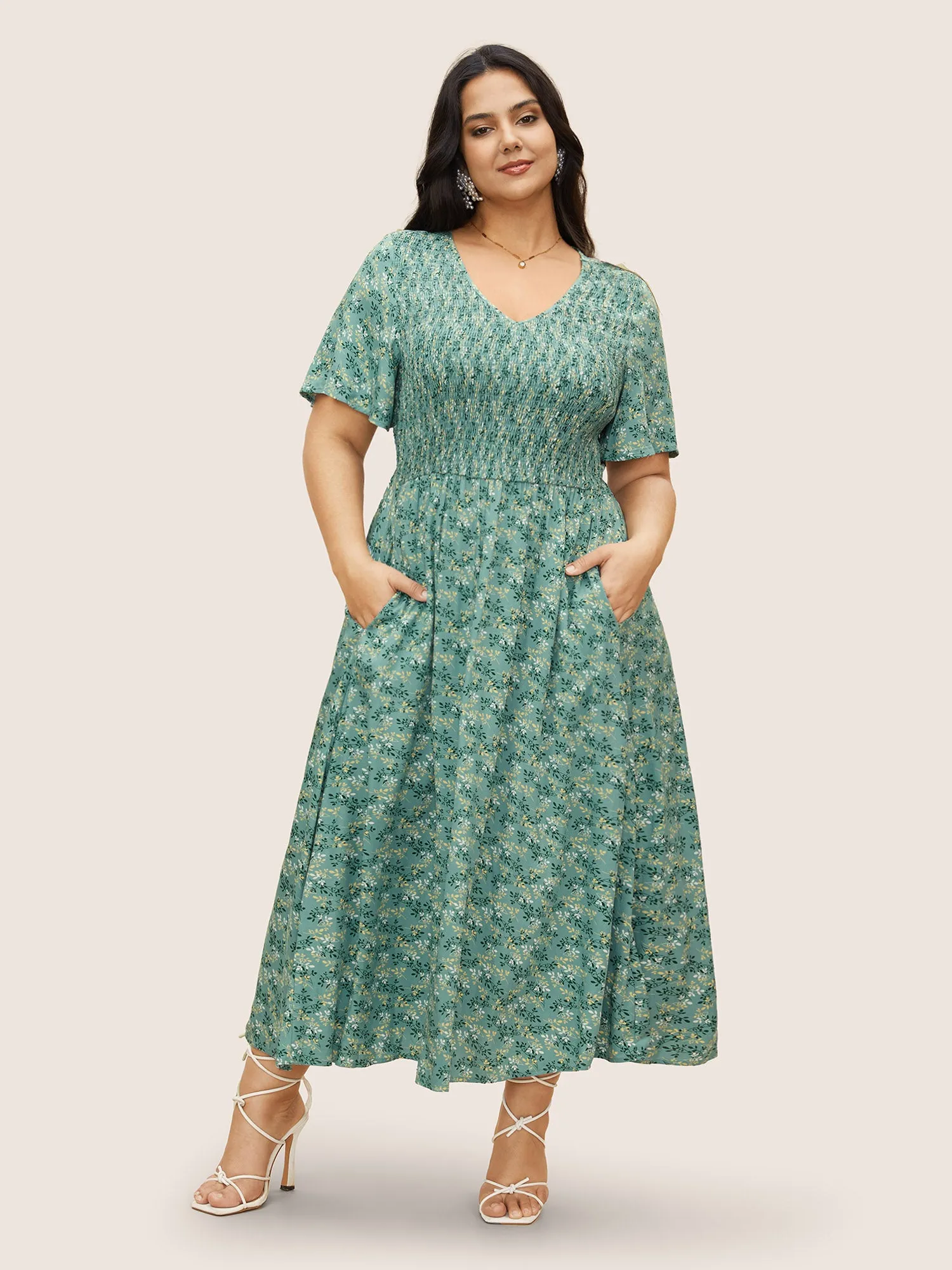 Rayon Ditsy Floral V Neck Shirred Dress sold by Bloomchic product image thumbnail 2