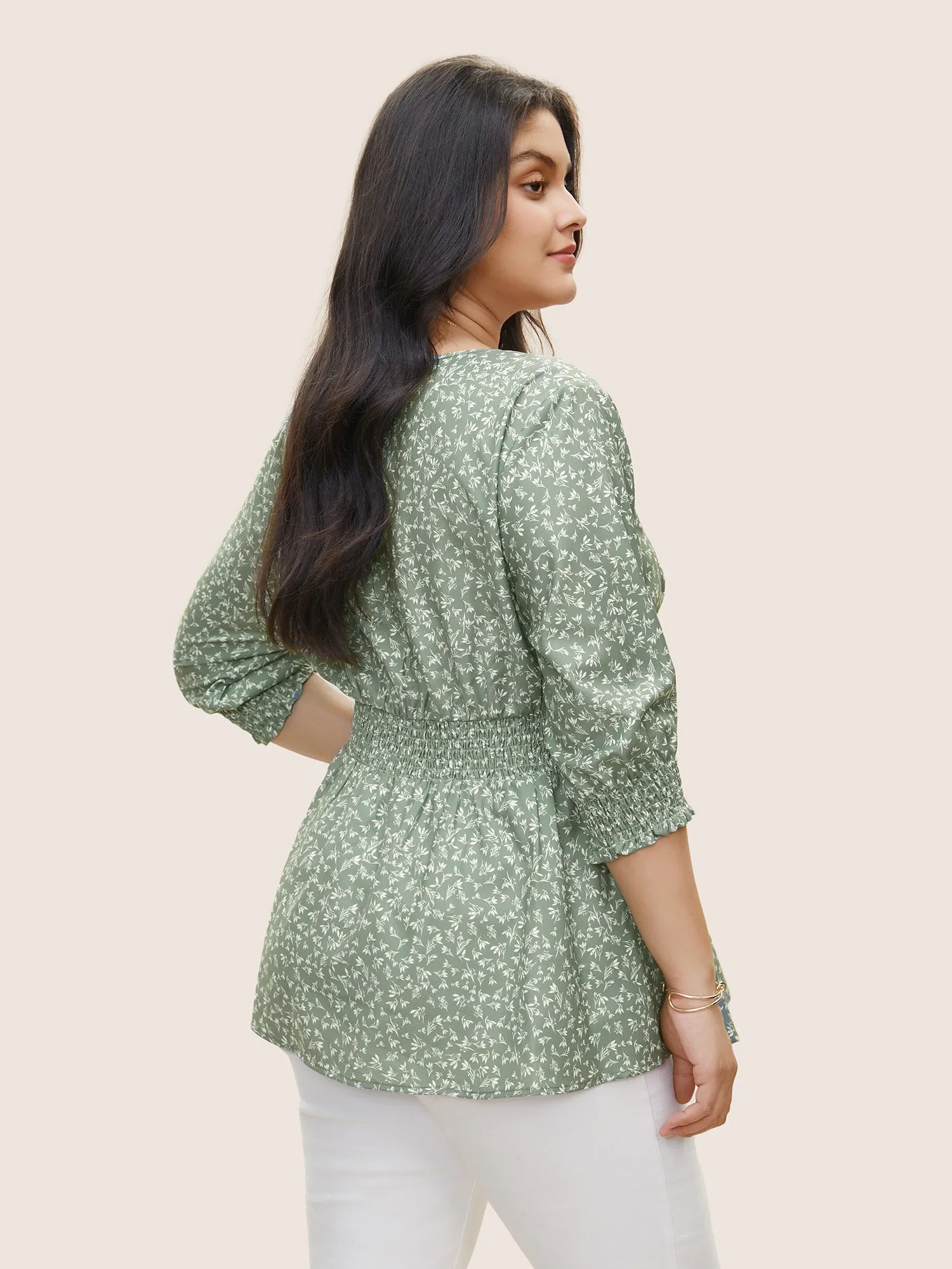 Ditsy Floral Shirred Elastic Waist Lantern Sleeve Blouse sold by Bloomchic product image thumbnail 4