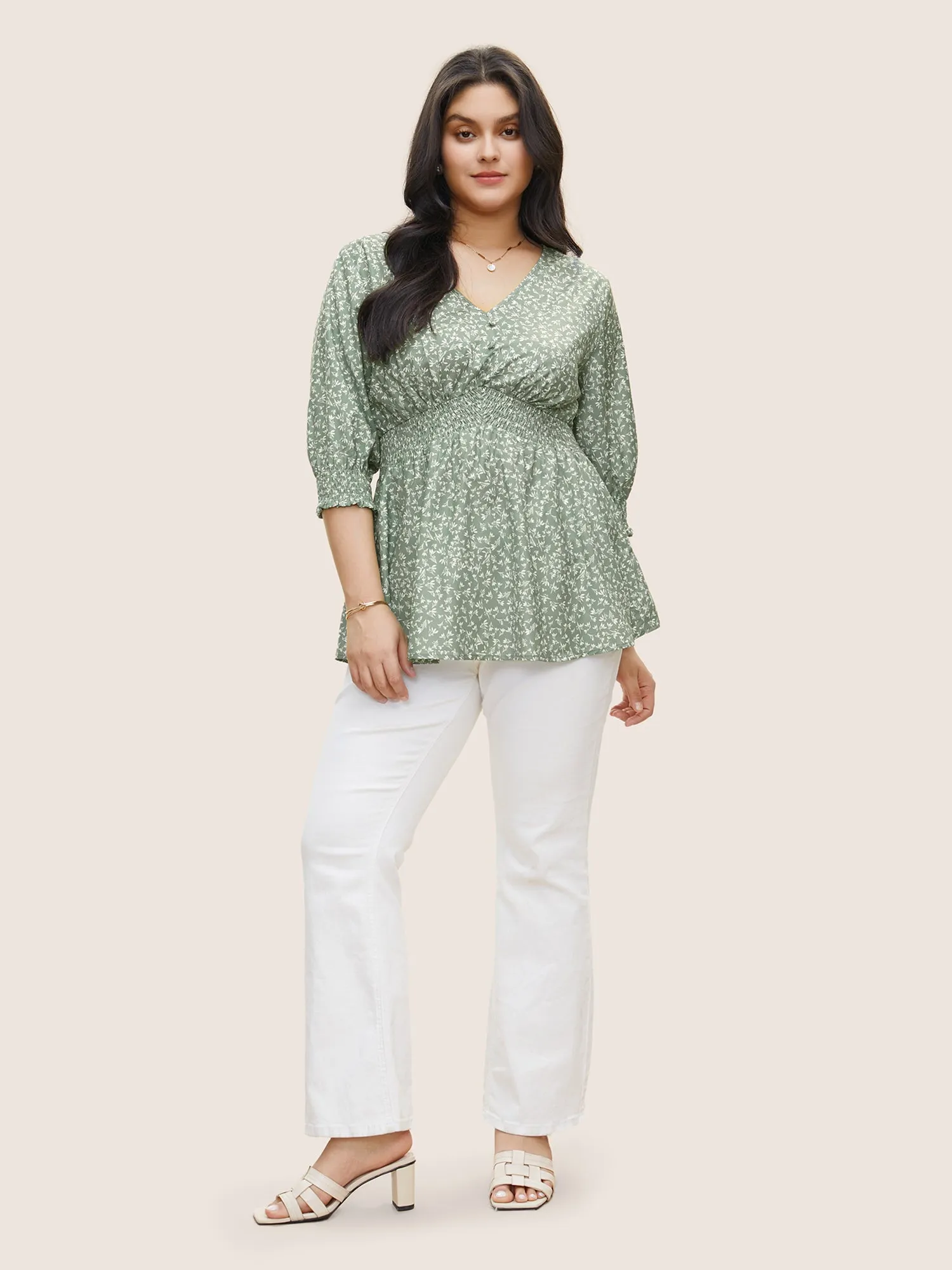 Ditsy Floral Shirred Elastic Waist Lantern Sleeve Blouse sold by Bloomchic product image thumbnail 3