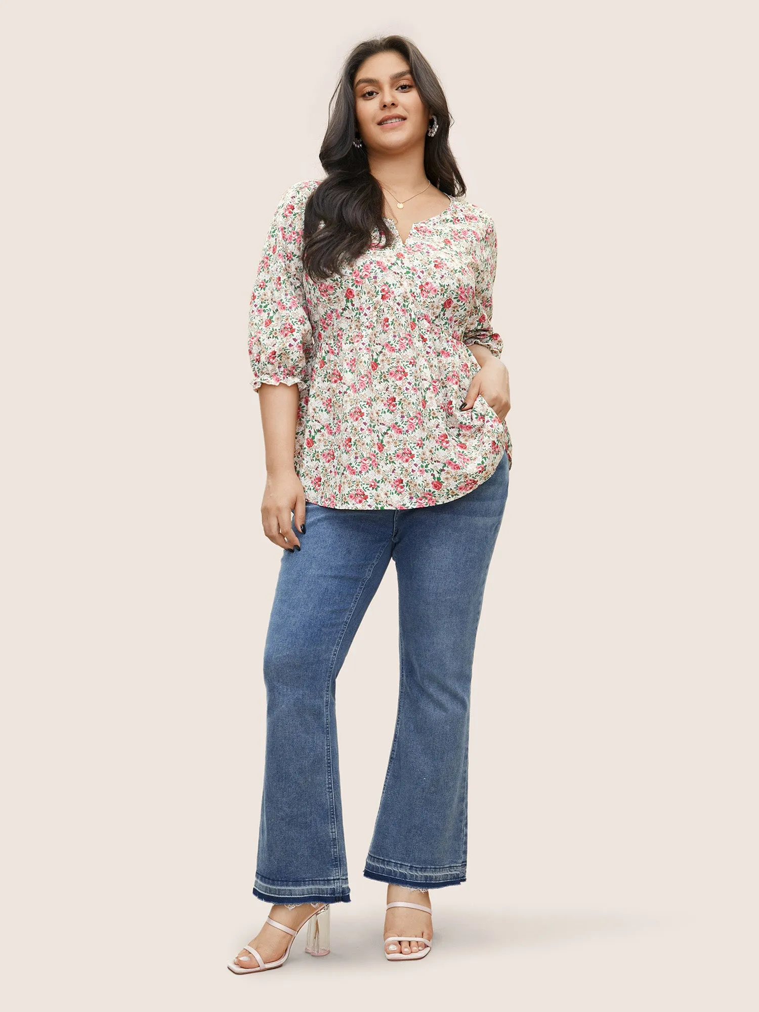 Ditsy Floral Notched Gathered Ruffles Blouse sold by Bloomchic product image thumbnail 3