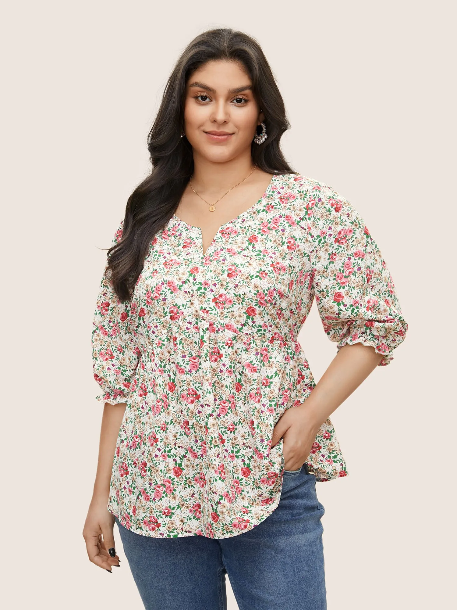 Ditsy Floral Notched Gathered Ruffles Blouse sold by Bloomchic product image thumbnail 2