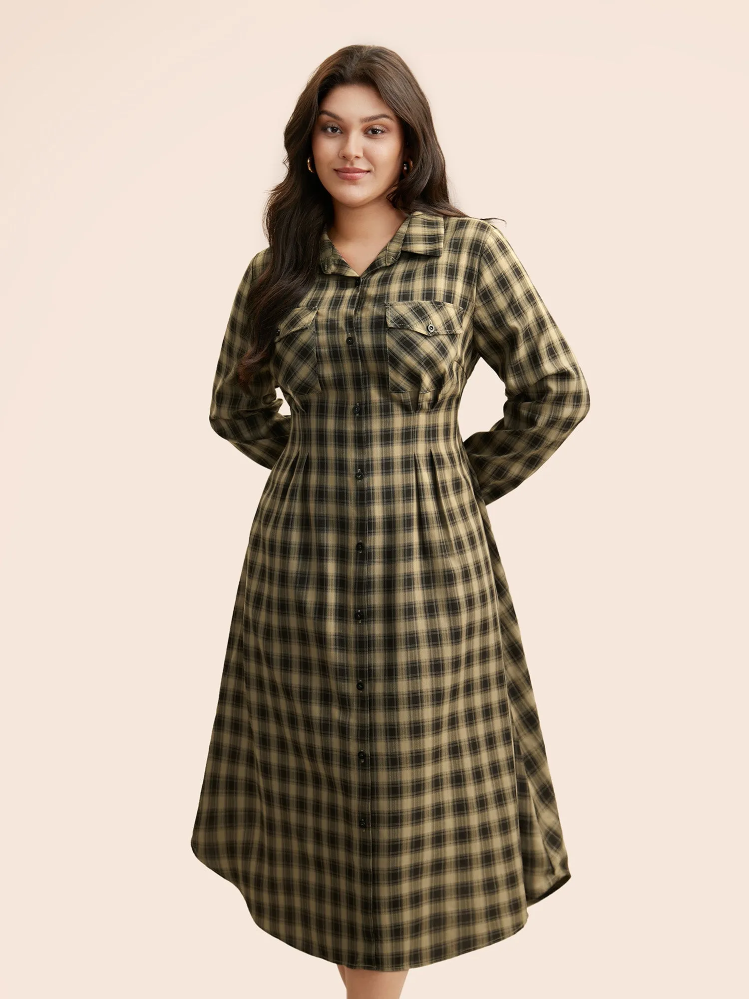 Plaid Pleated Flap Pocket Arc Hem Dress sold by Bloomchic
