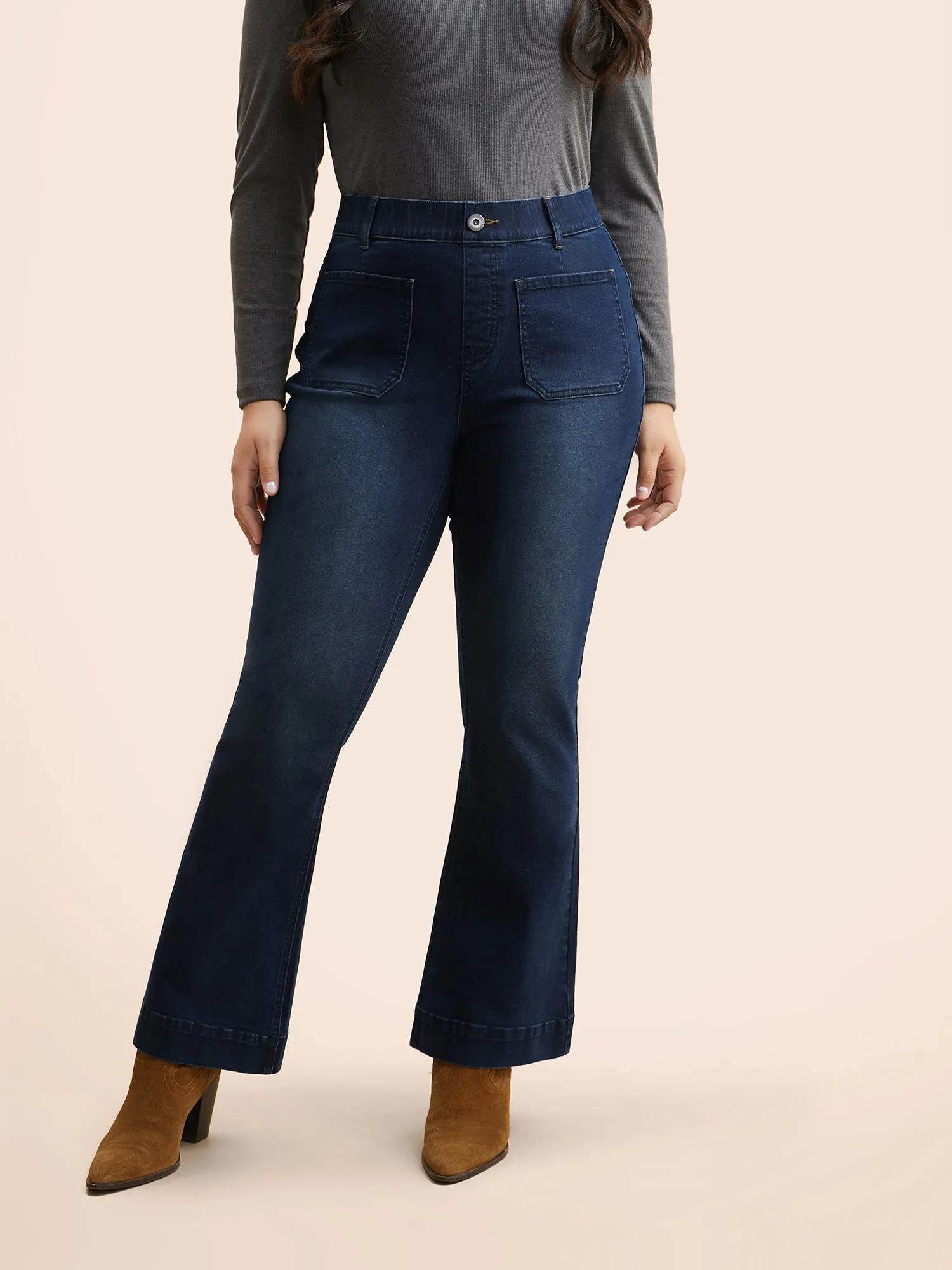 Dark Wash Patch Pocket Bootcut Jeans sold by Bloomchic