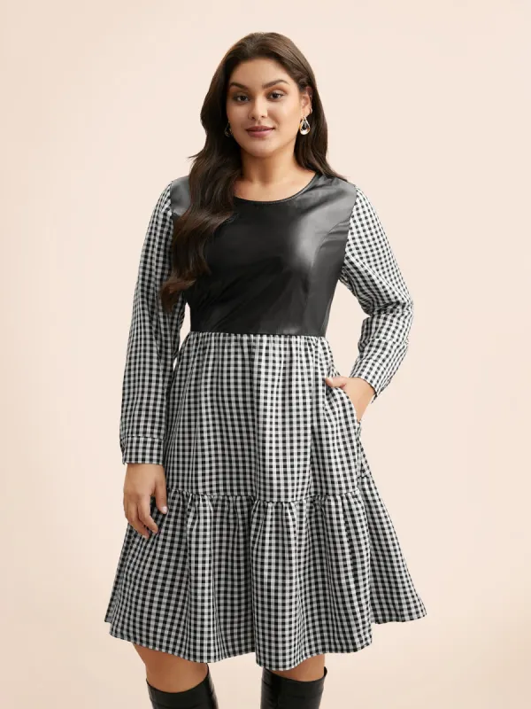 Round Neck Gingham PU Leather Dress sold by Bloomchic