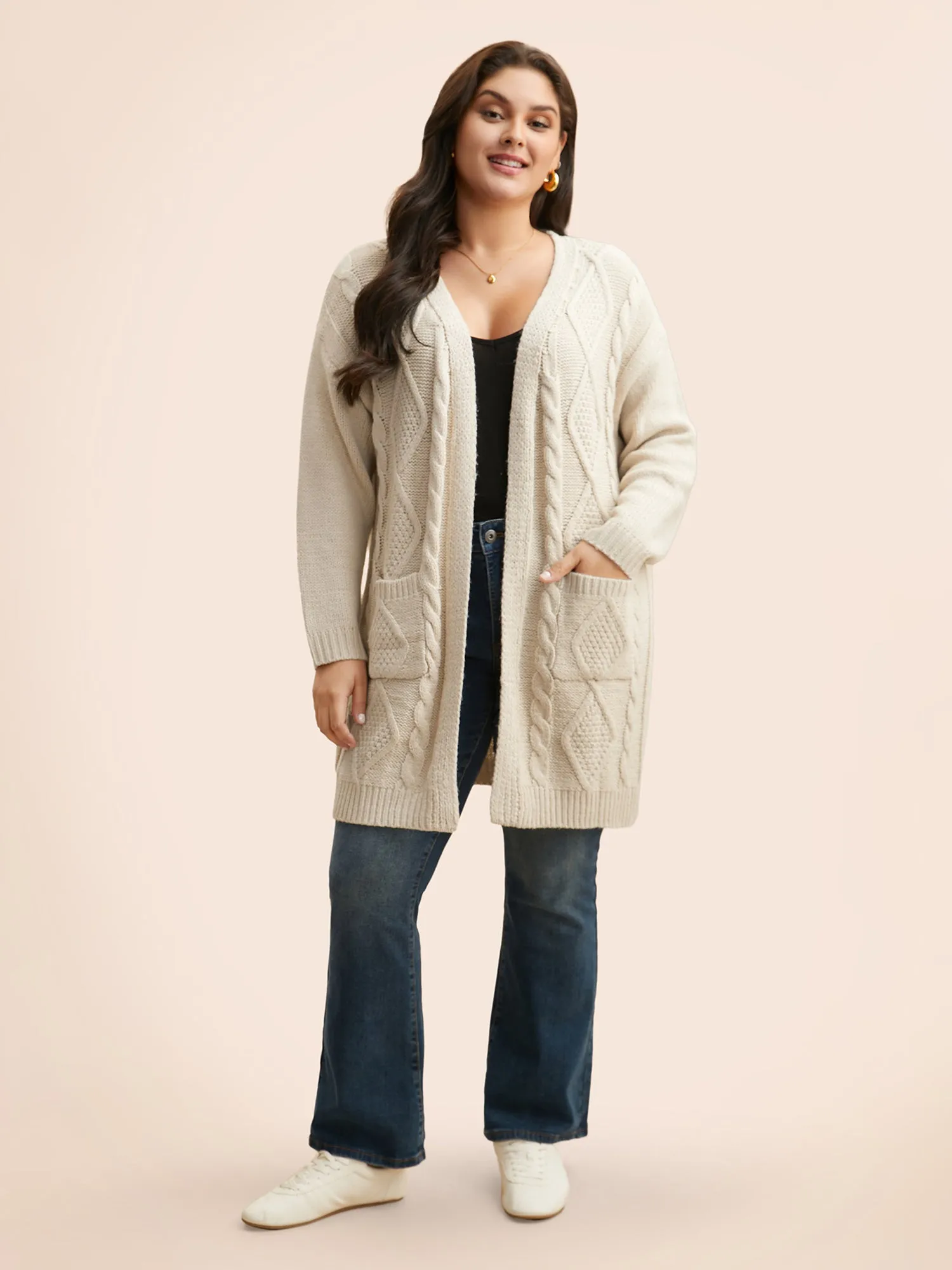 Cable Knit Drop Shoulder Pocket Cardigan sold by Bloomchic product image thumbnail 3