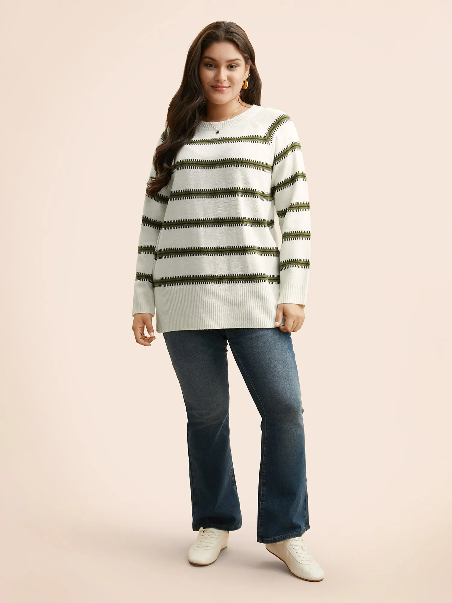 Contrast Striped Raglan Sleeve Slit Hem Pullover sold by Bloomchic product image thumbnail 3