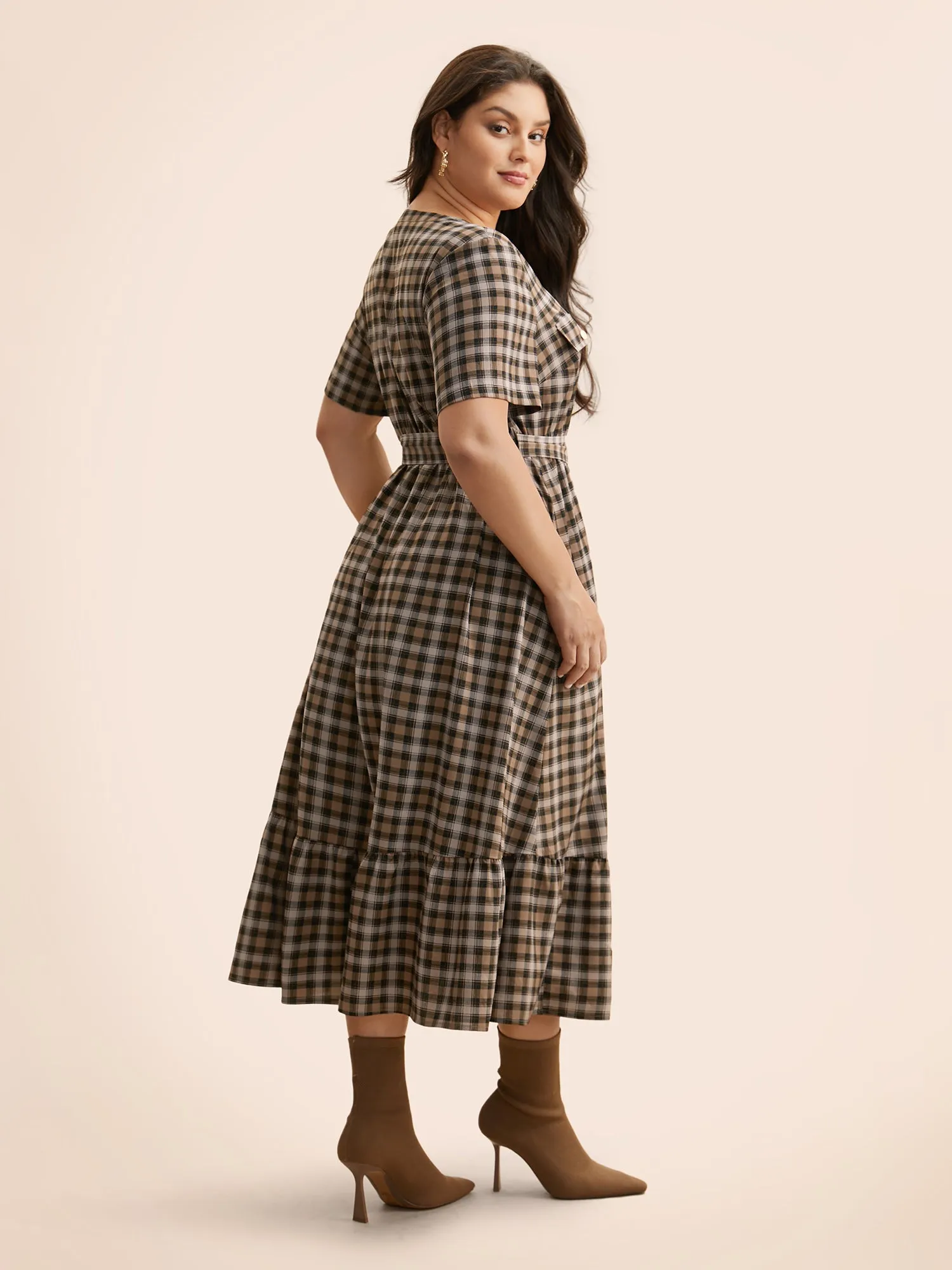Plaid Ruffle Hem Flap Detail Belted Dress sold by Bloomchic product image thumbnail 4