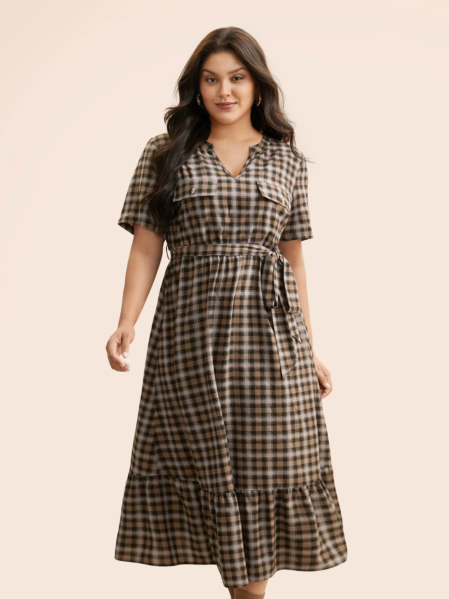Plaid Ruffle Hem Flap Detail Belted Dress sold by Bloomchic product image thumbnail 2