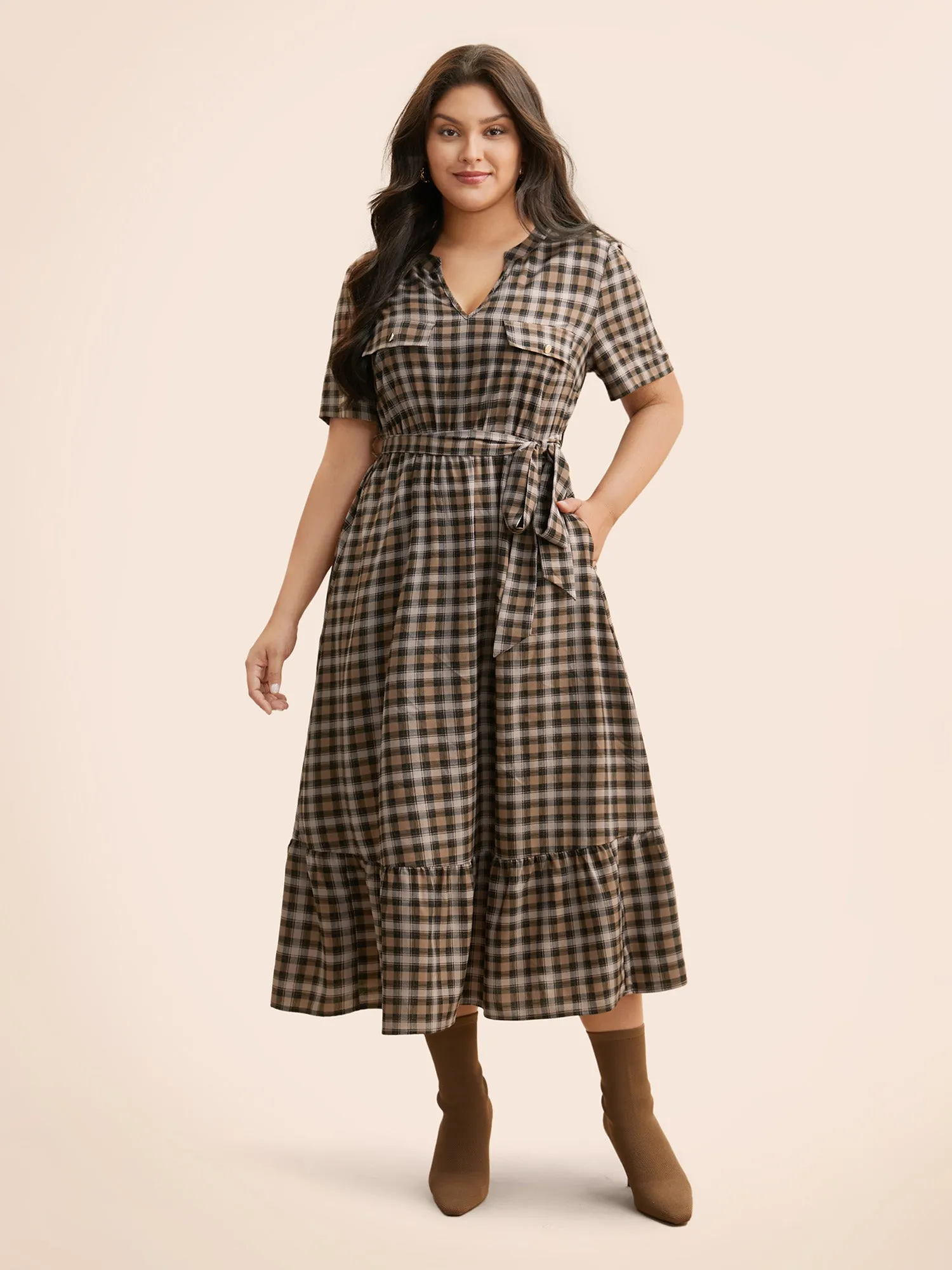 Plaid Ruffle Hem Flap Detail Belted Dress sold by Bloomchic