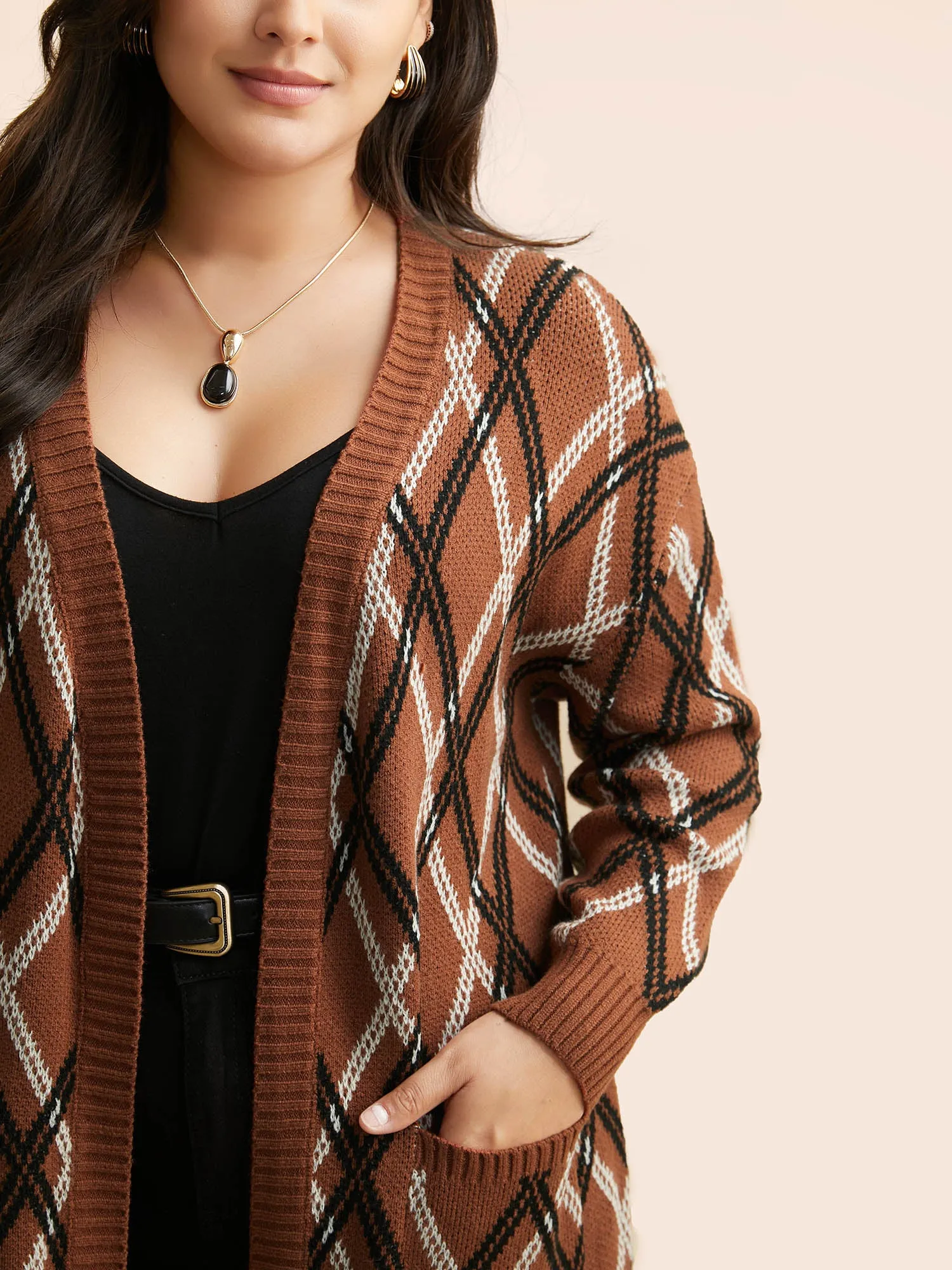 Plaid Pocket Drop Shoulder Sleeve Cardigan sold by Bloomchic product image thumbnail 4