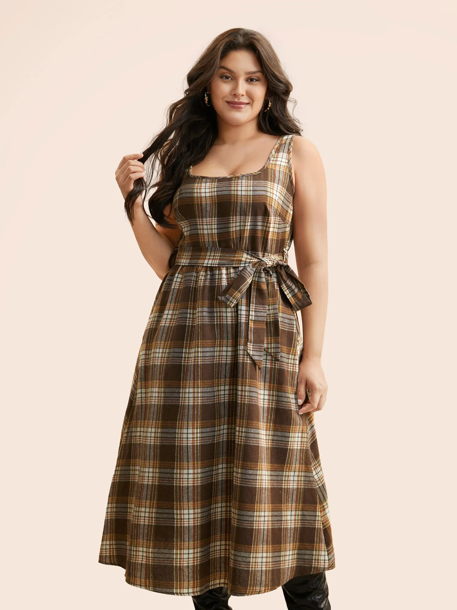 Square Neck Plaid Belted Dress sold by Bloomchic product image thumbnail 5