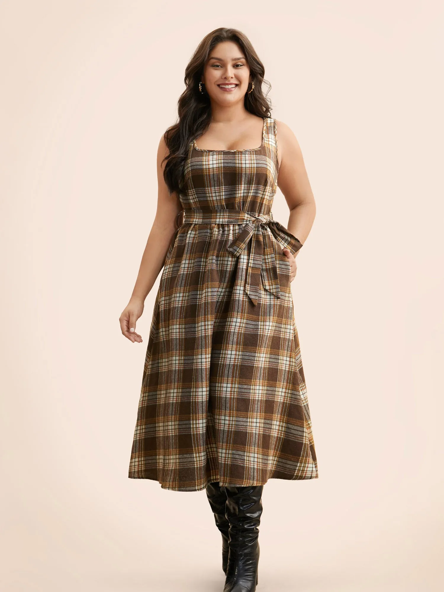 Square Neck Plaid Belted Dress sold by Bloomchic product image thumbnail 4