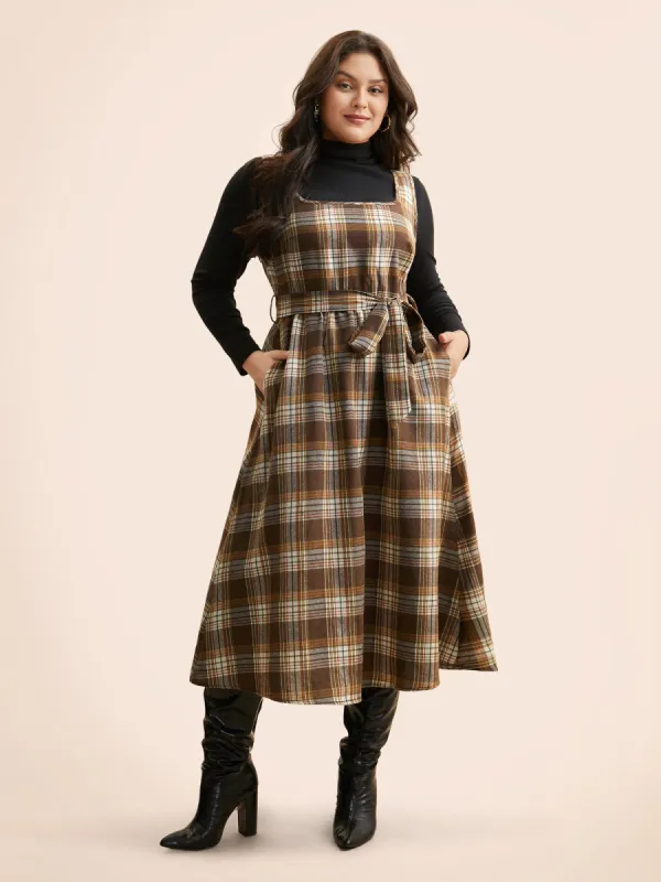 Square Neck Plaid Belted Dress sold by Bloomchic