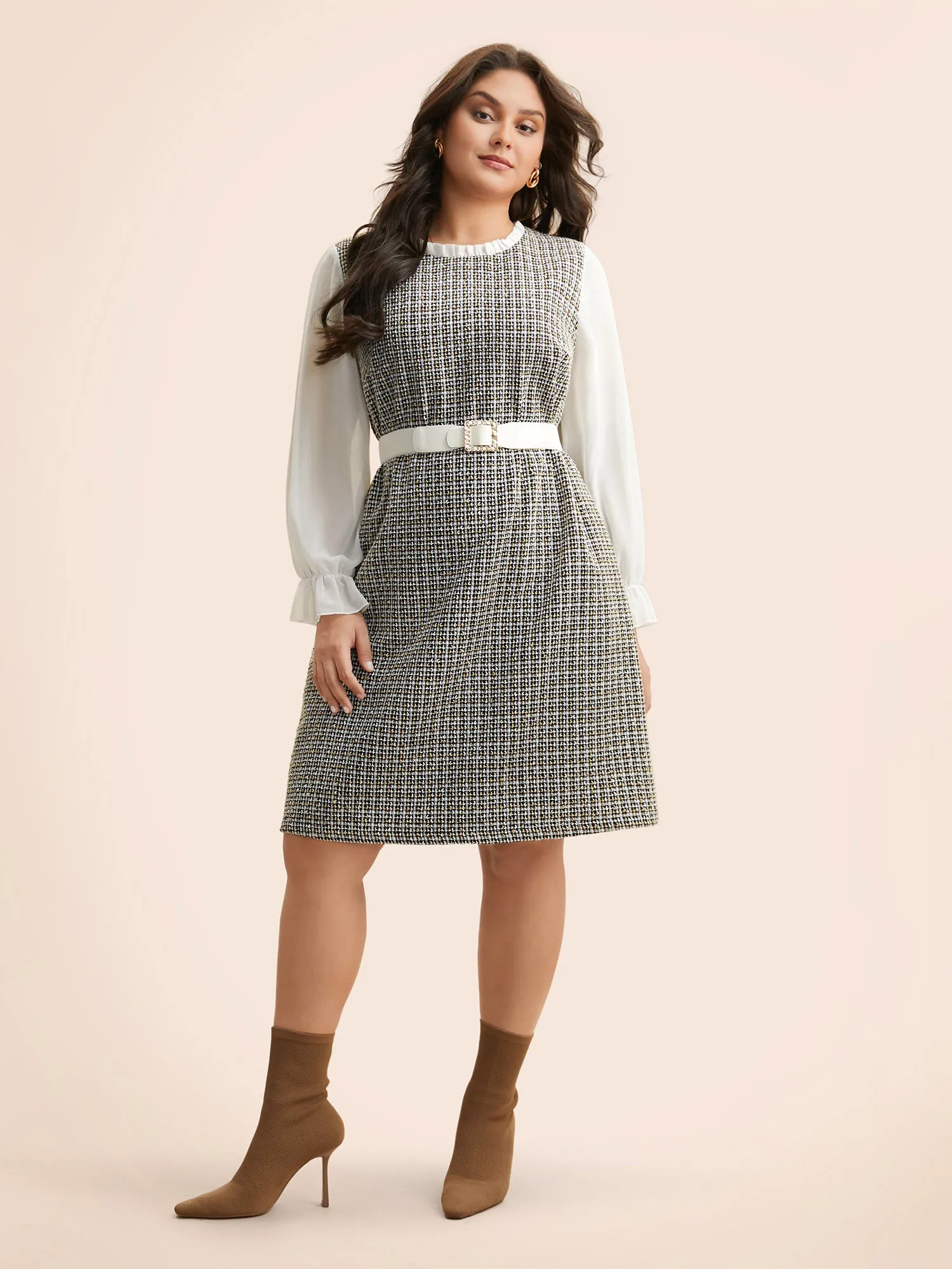 Tweed Patchwork Ruffle Trim Dress sold by Bloomchic product image thumbnail 2