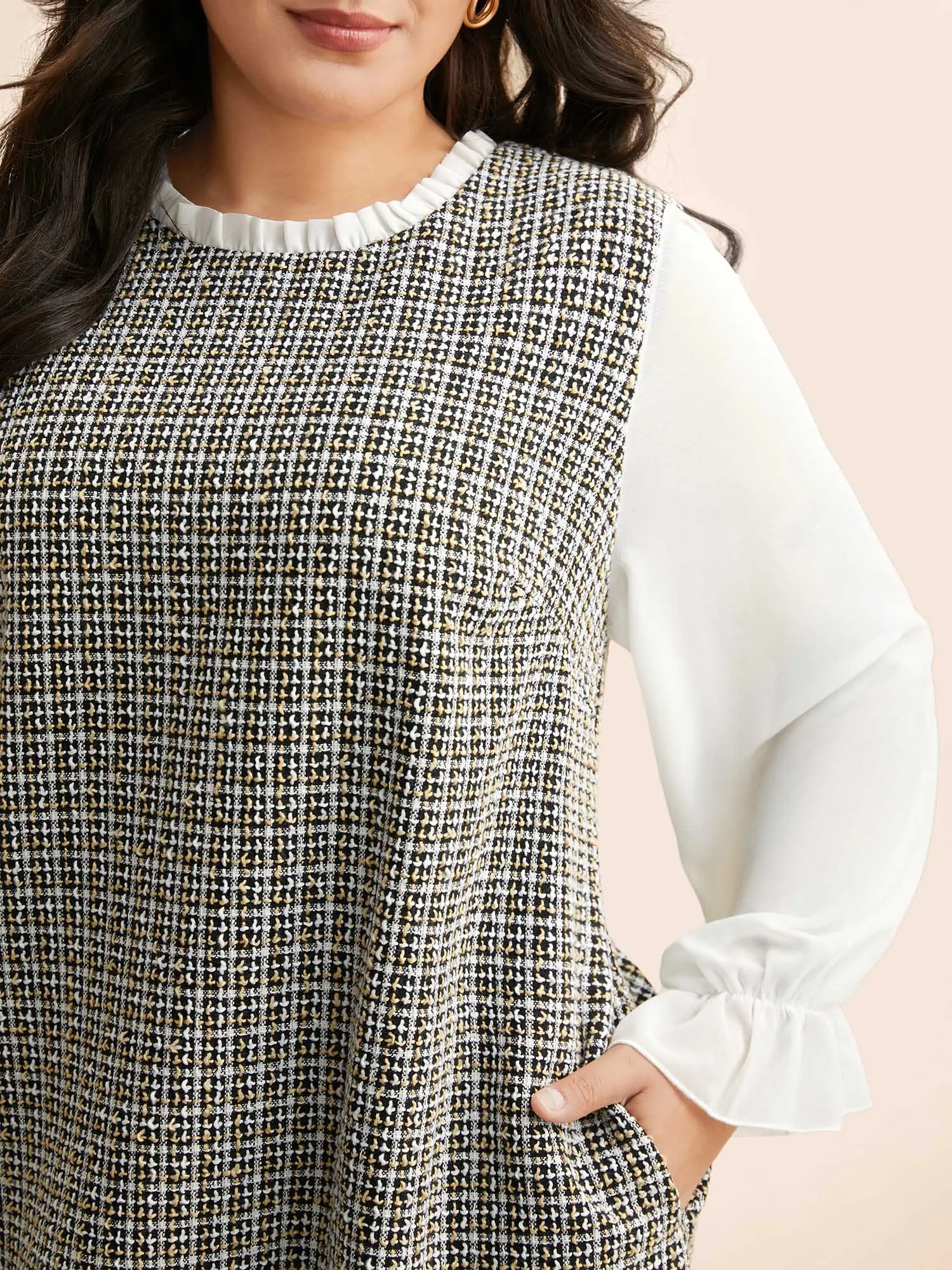 Tweed Patchwork Ruffle Trim Dress sold by Bloomchic product image thumbnail 5