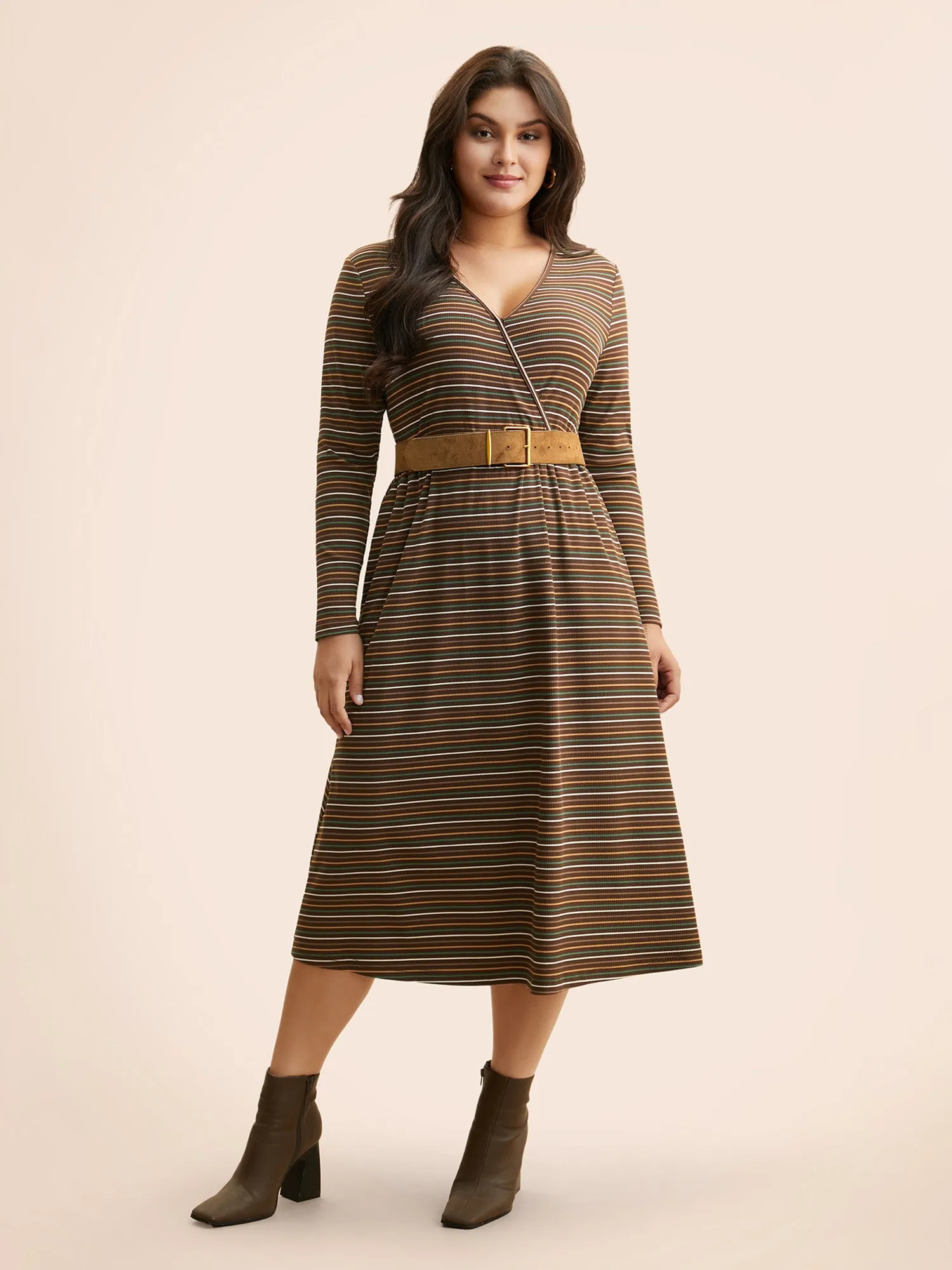 Striped Overlap Collar Midi Dress sold by Bloomchic