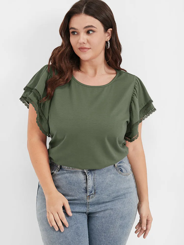 Solid Ruffles Tiered Lace Patchwork Round Neck T-shirt sold by Bloomchic product image thumbnail 4