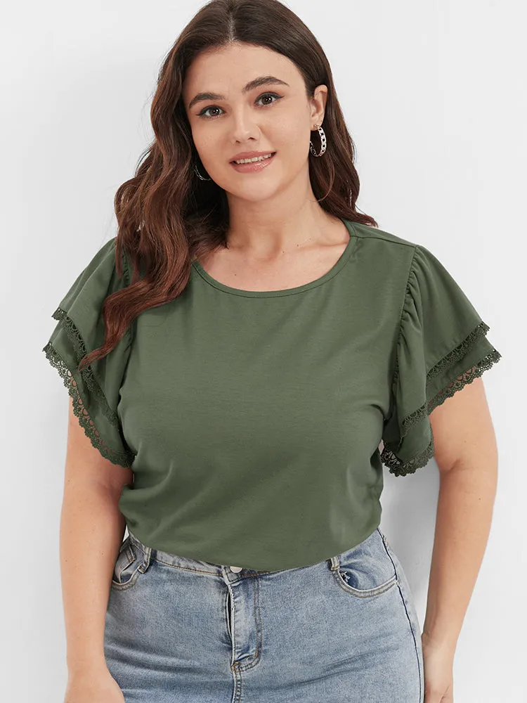 Solid Ruffles Tiered Lace Patchwork Round Neck T-shirt sold by Bloomchic