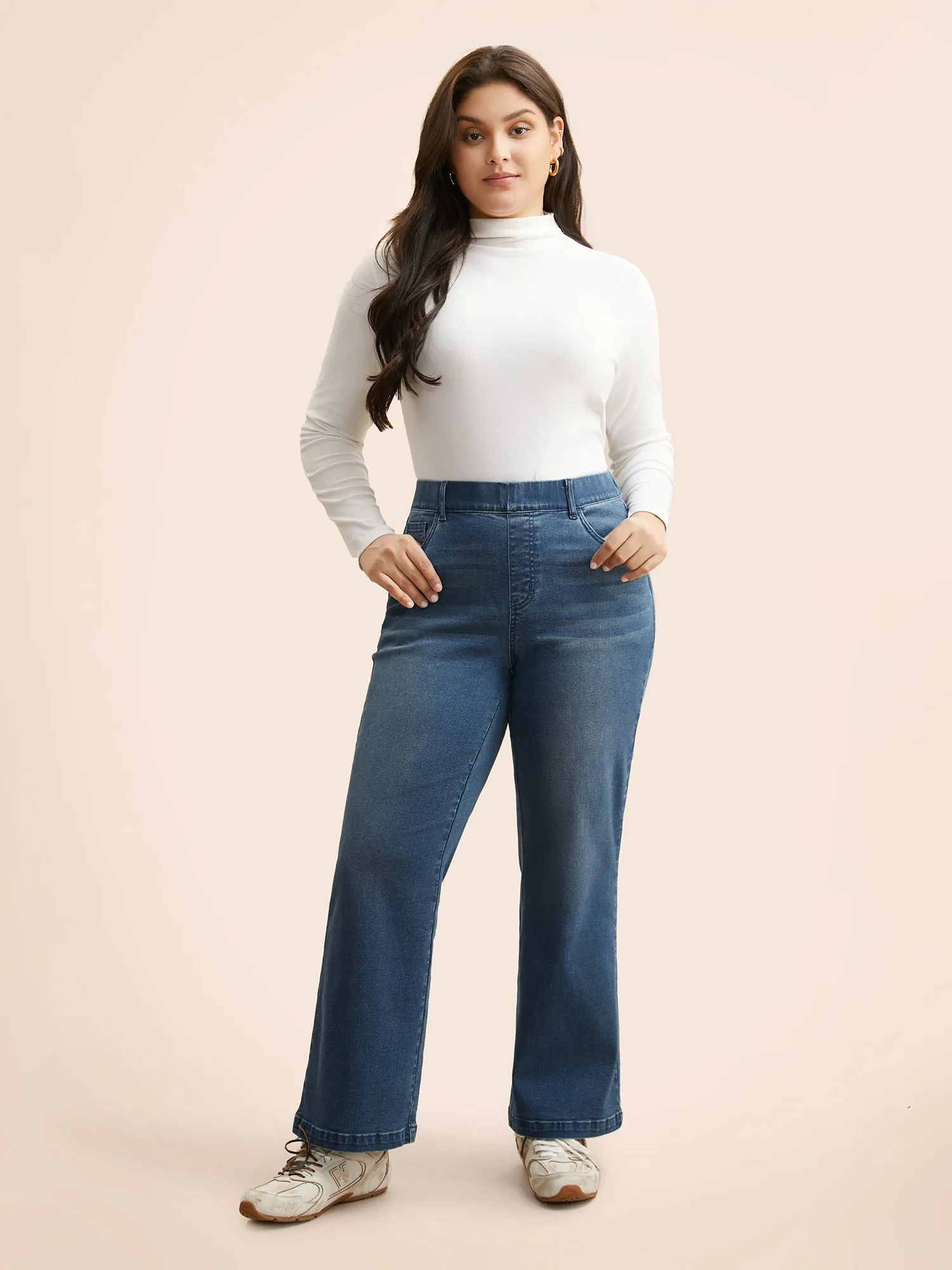 Medium Wash Elastic Waist Straight Leg Jeans sold by Bloomchic product image thumbnail 3