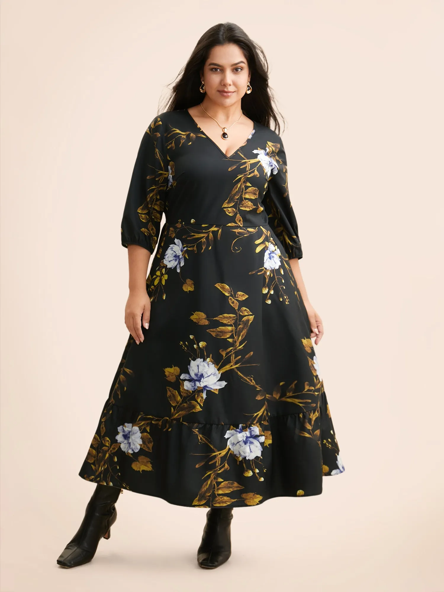 Floral Print V Neck Lantern Sleeve Dress sold by Bloomchic