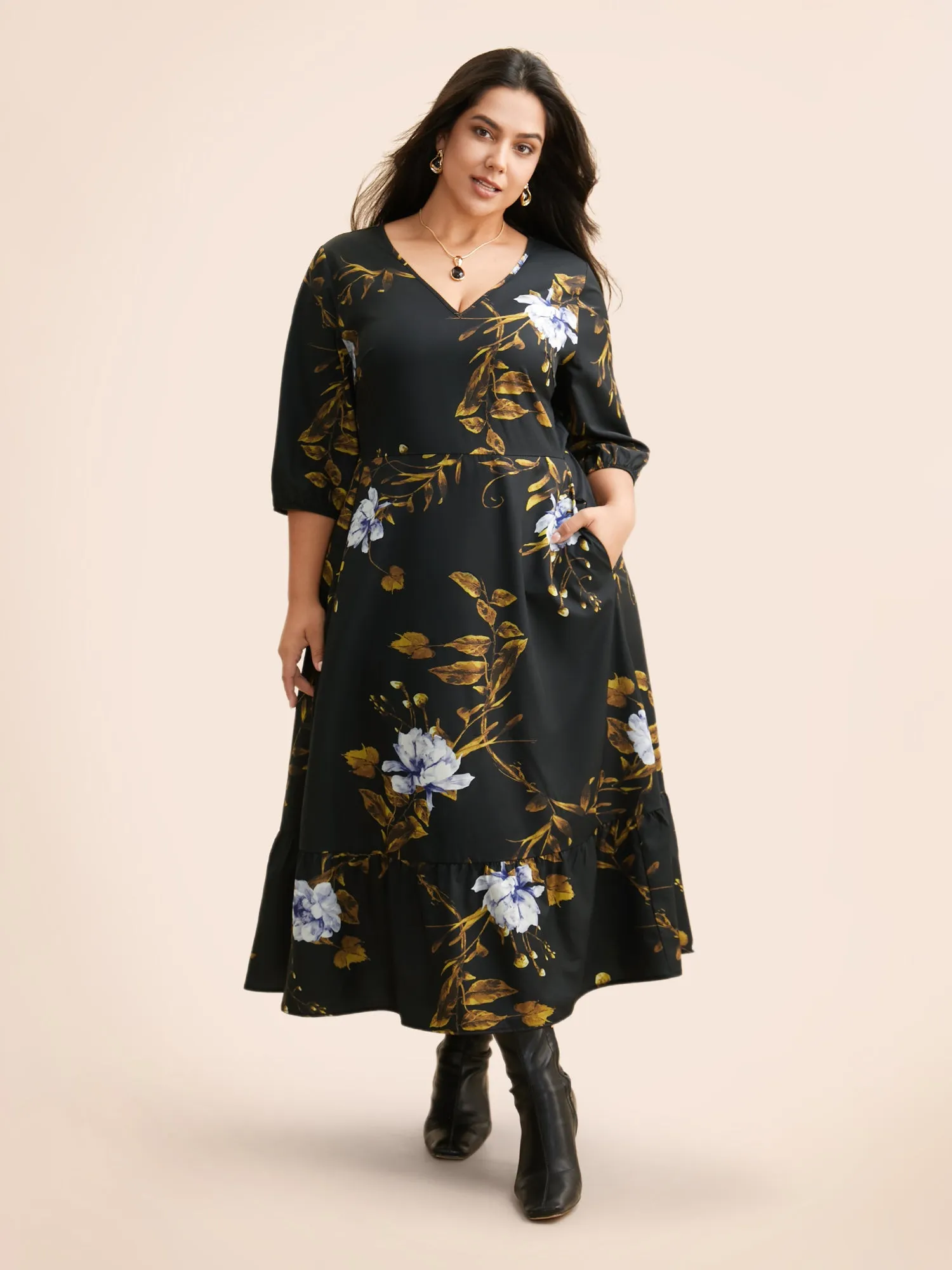 Floral Print V Neck Lantern Sleeve Dress sold by Bloomchic product image thumbnail 2