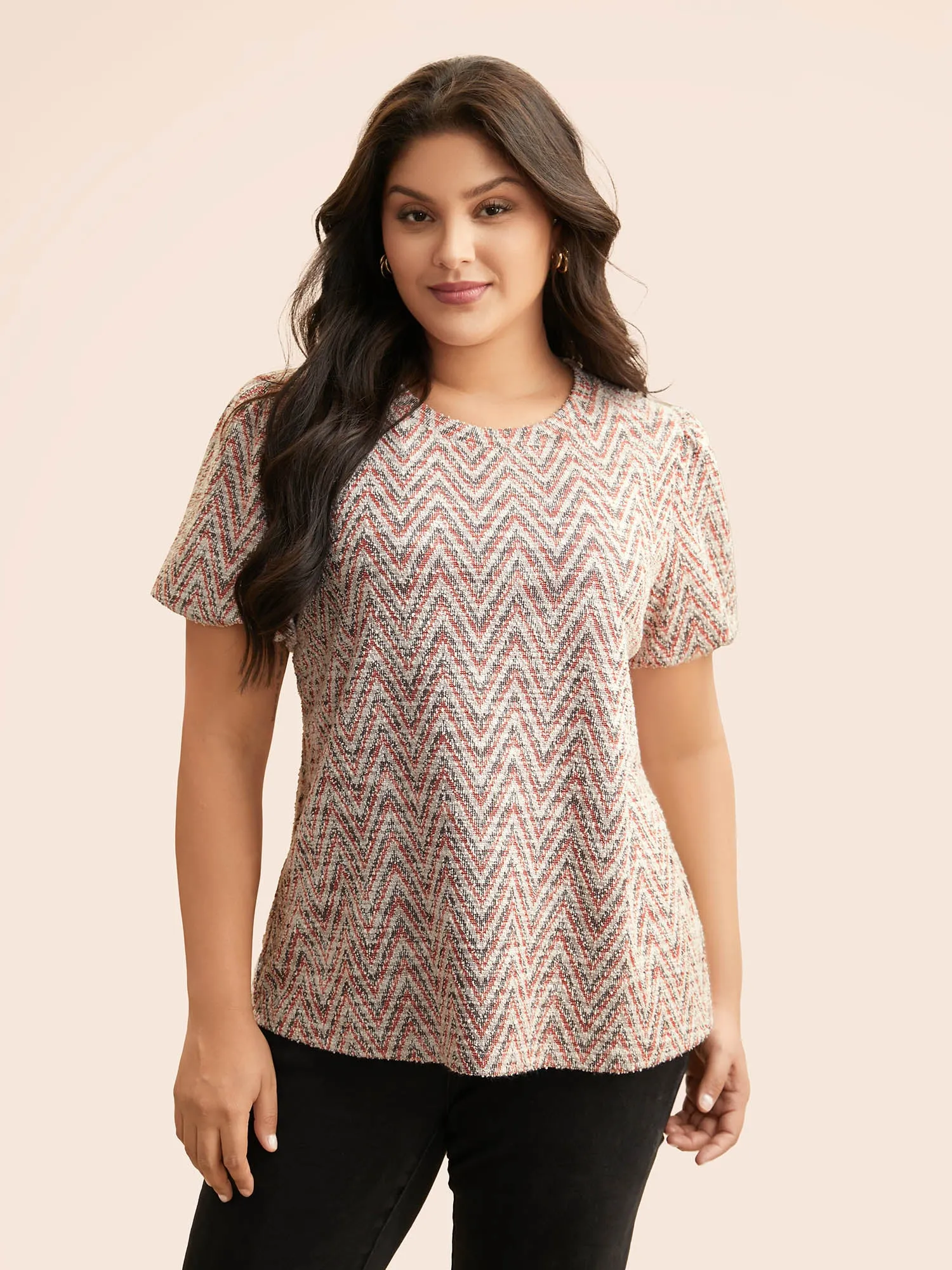 Textured Round Neck Lantern Sleeve T-shirt sold by Bloomchic product image thumbnail 2