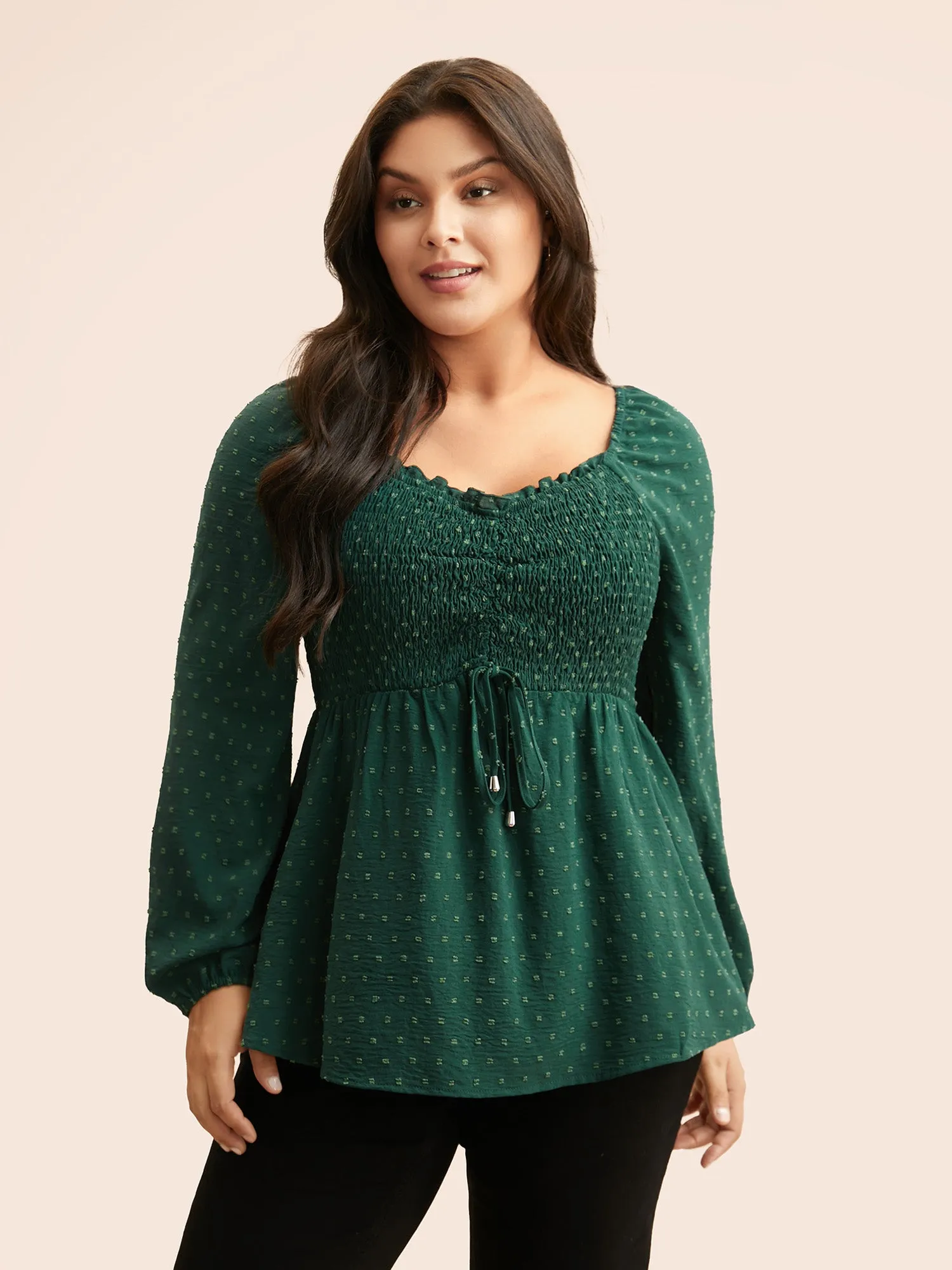 Plain Textured Frill Trim Shirred Blouse sold by Bloomchic