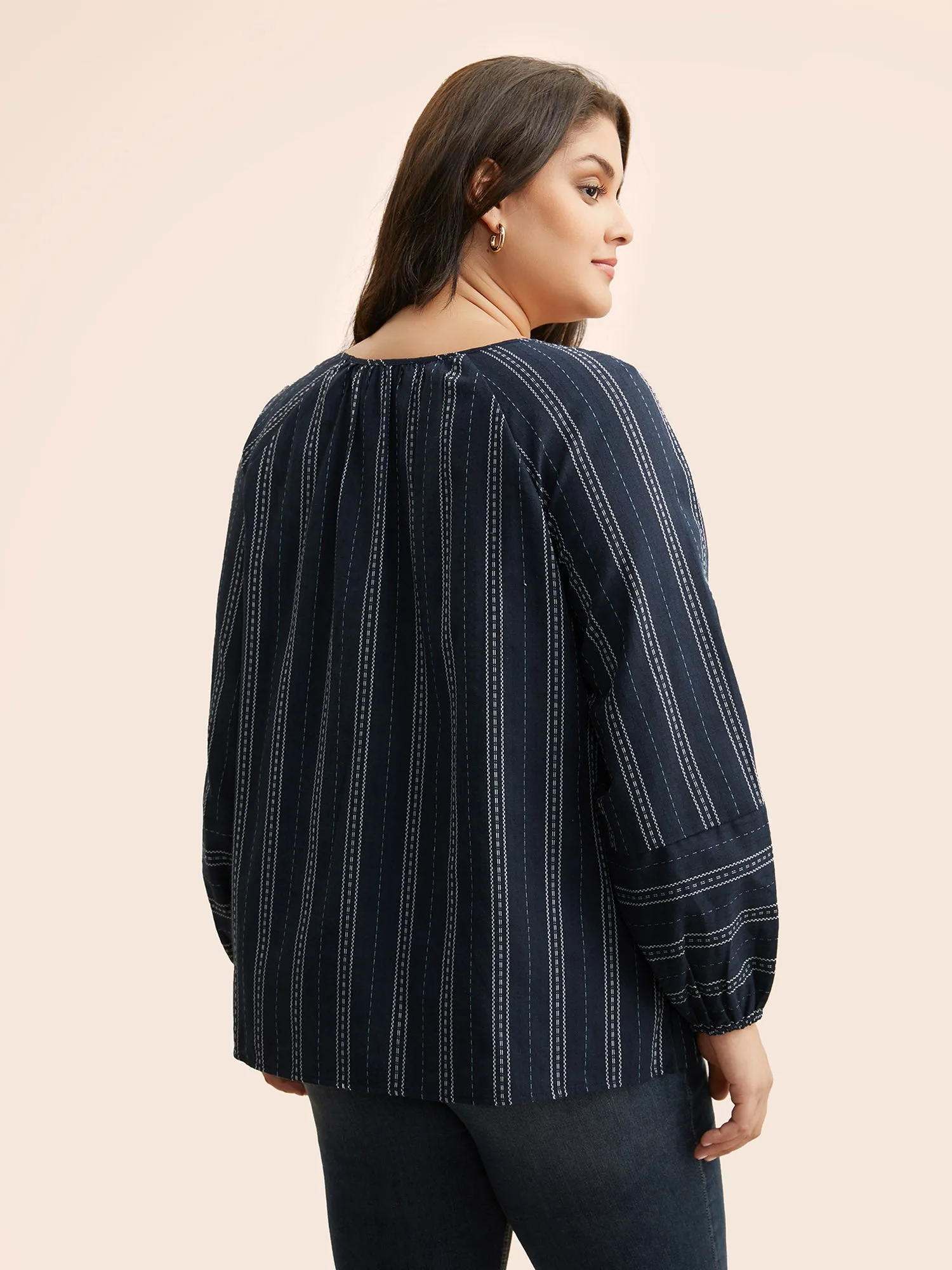 Striped Keyhole Lantern Sleeve Blouse sold by Bloomchic product image thumbnail 3