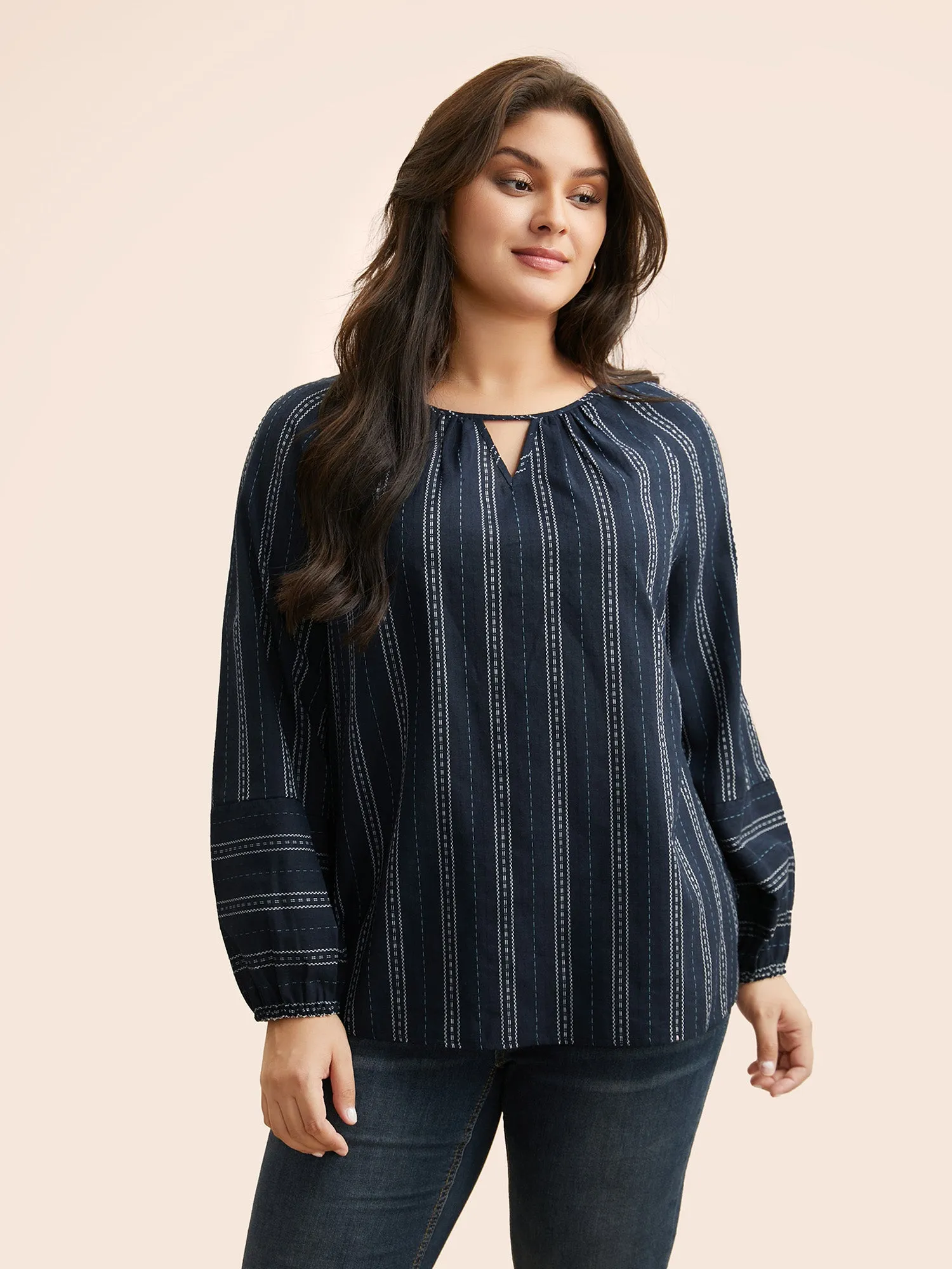 Striped Keyhole Lantern Sleeve Blouse sold by Bloomchic