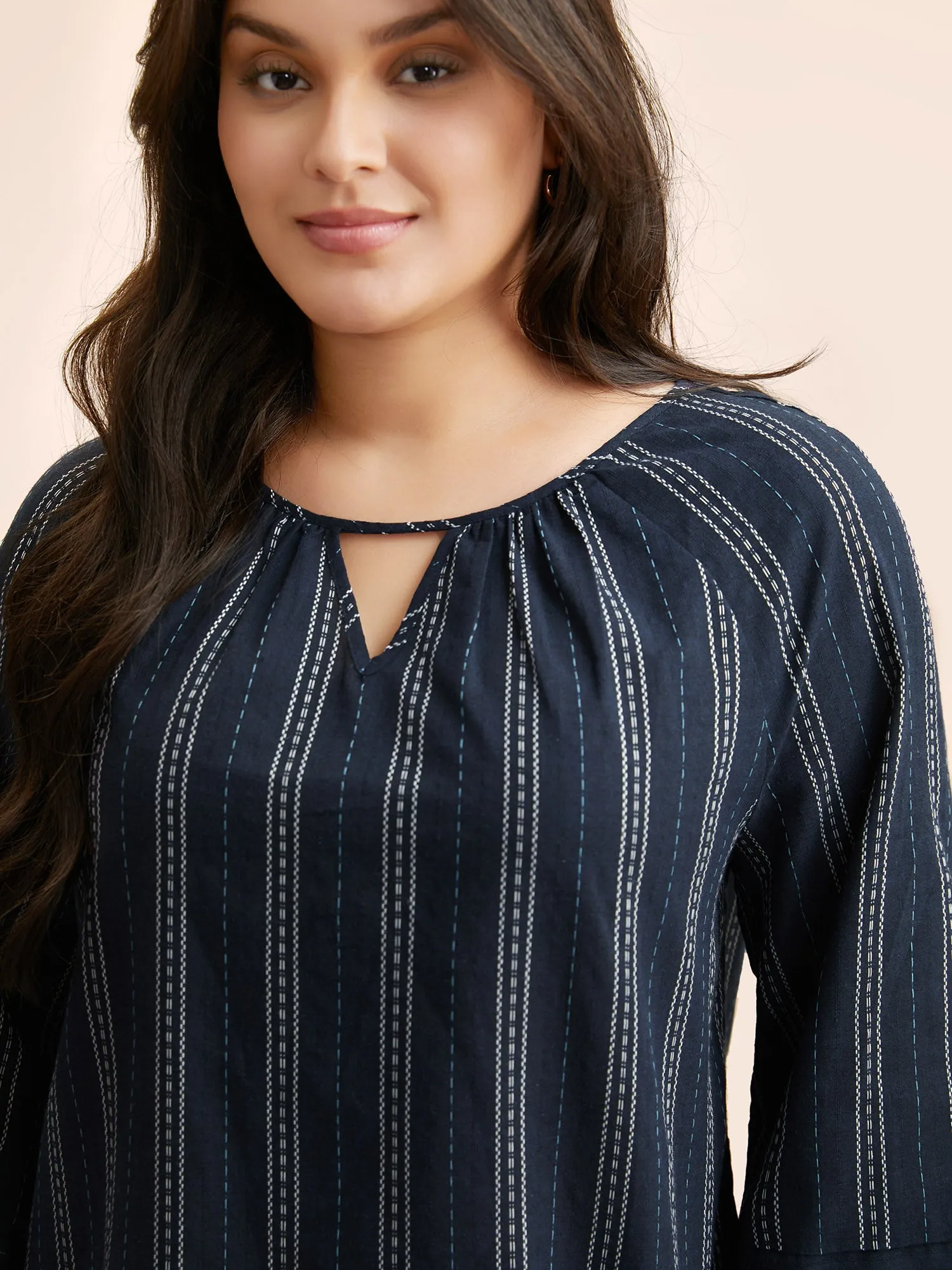 Striped Keyhole Lantern Sleeve Blouse sold by Bloomchic product image thumbnail 4