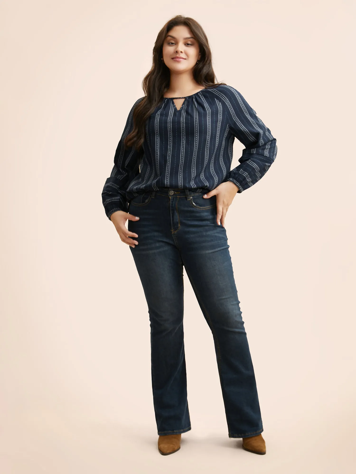 Striped Keyhole Lantern Sleeve Blouse sold by Bloomchic product image thumbnail 2