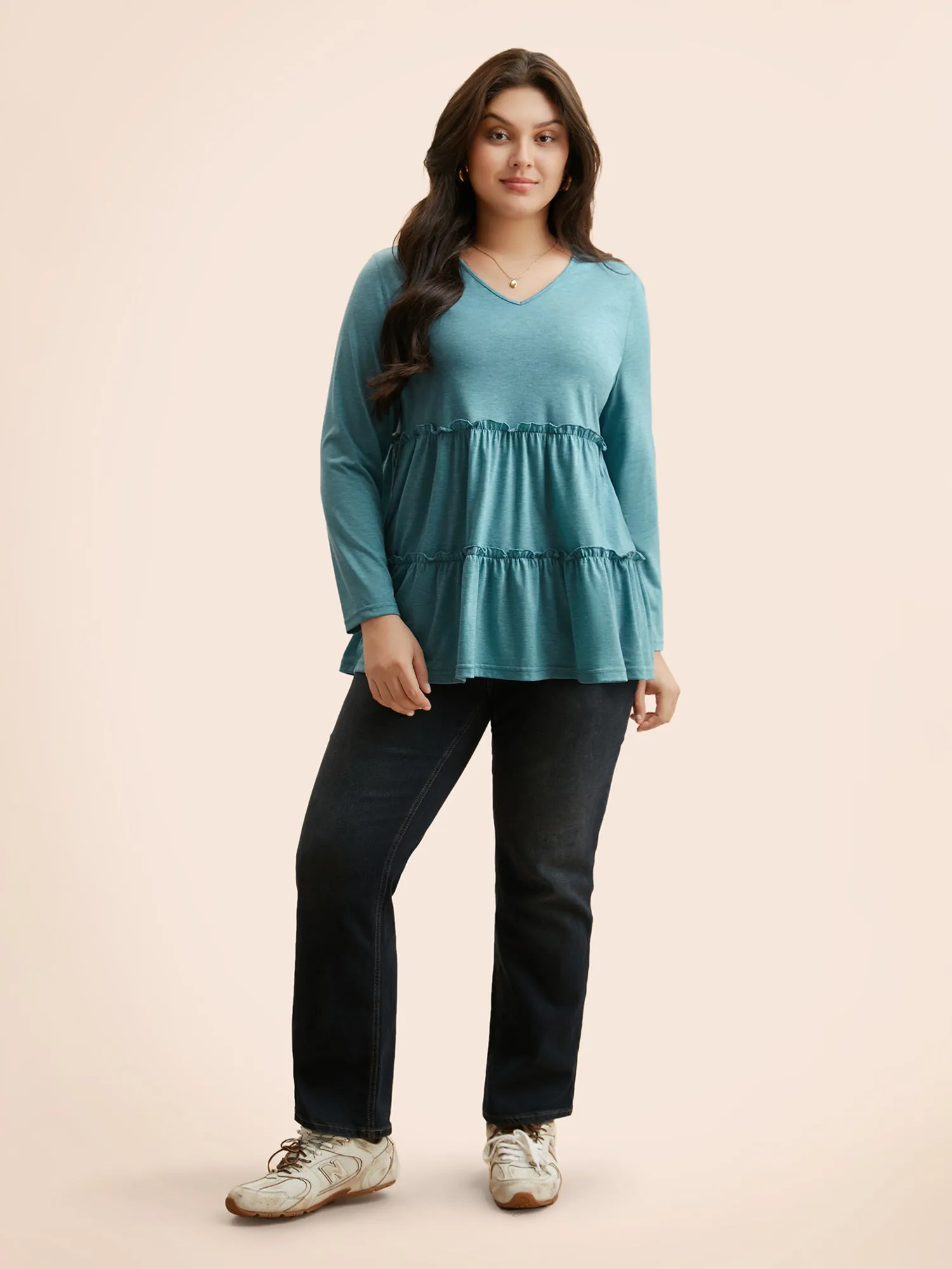 Solid Frill Trim Ruffle Layered Hem T-shirt sold by Bloomchic product image thumbnail 3