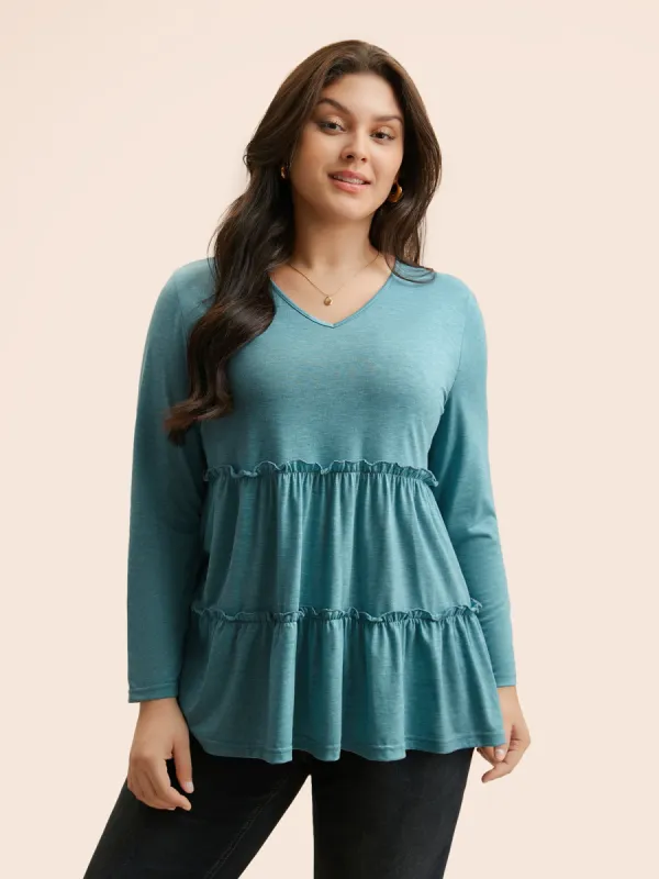 Solid Frill Trim Ruffle Layered Hem T-shirt sold by Bloomchic