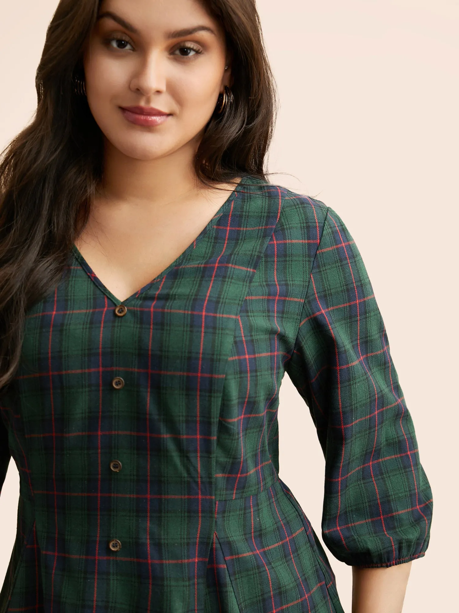 Plaid Button Detail Lantern Sleeve Blouse sold by Bloomchic product image thumbnail 4