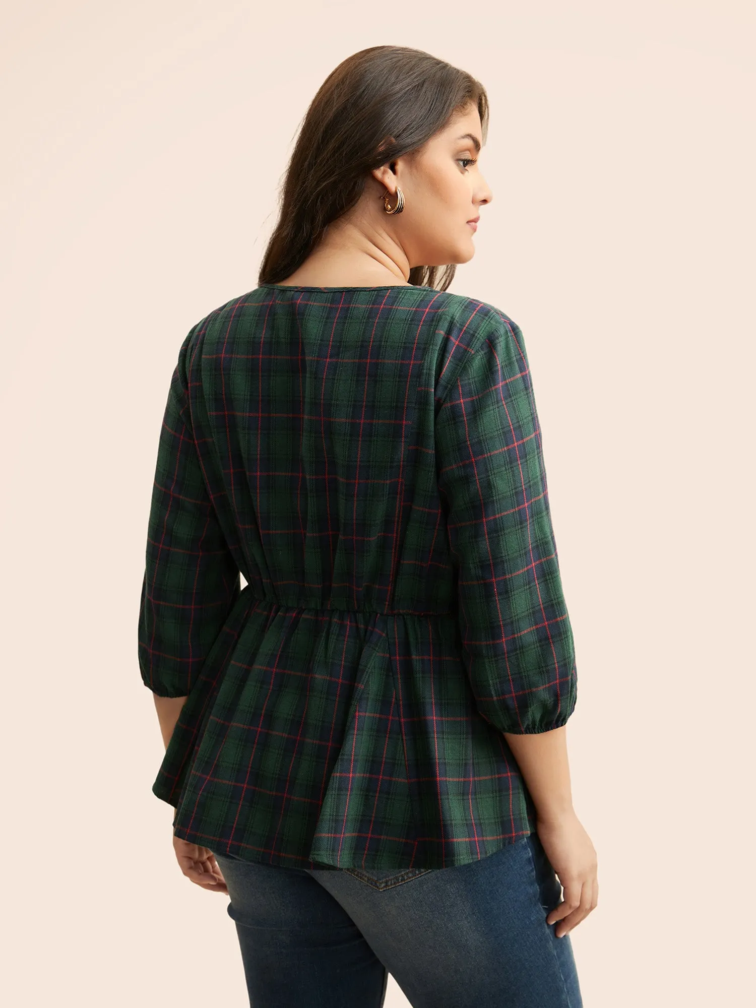 Plaid Button Detail Lantern Sleeve Blouse sold by Bloomchic product image thumbnail 3