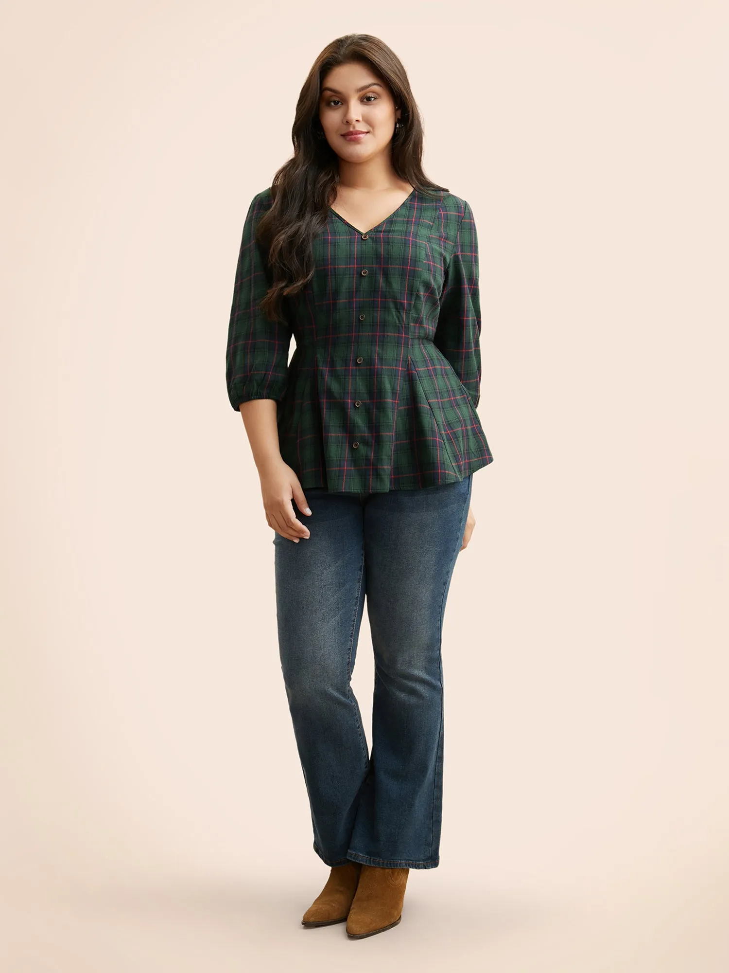 Plaid Button Detail Lantern Sleeve Blouse sold by Bloomchic product image thumbnail 2