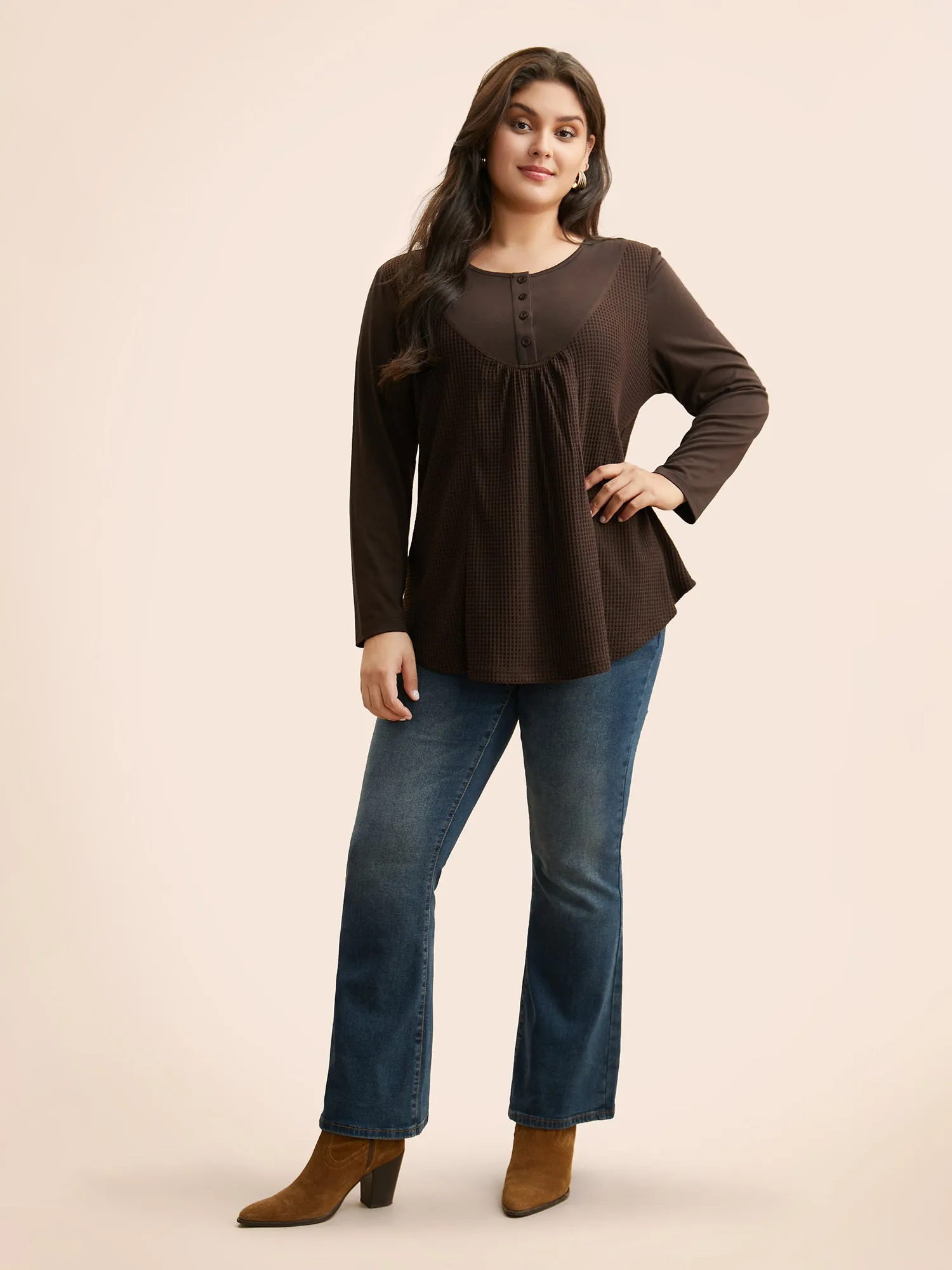 Waffle Knit Patchwork Button Up T-shirt sold by Bloomchic product image thumbnail 3