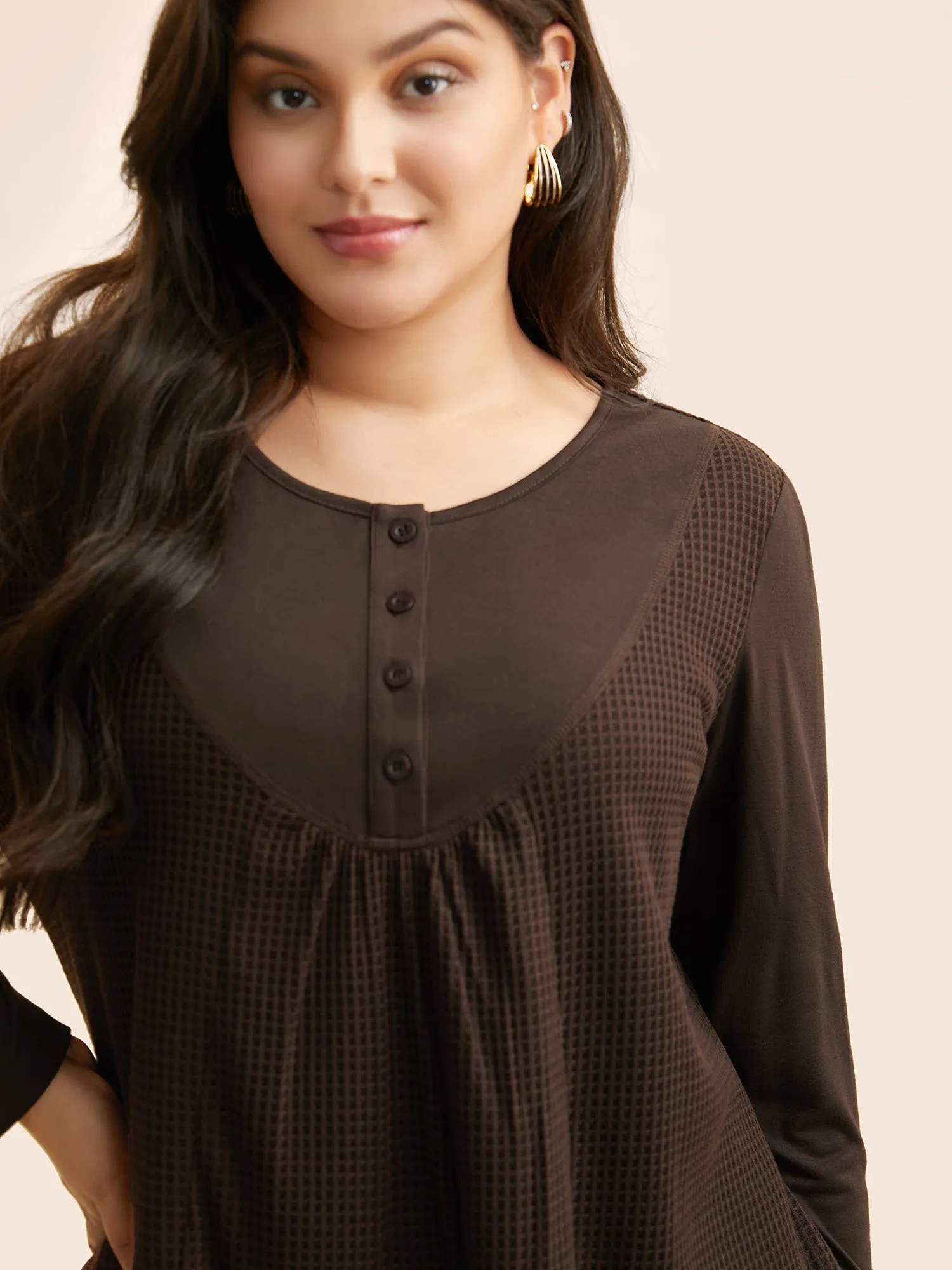 Waffle Knit Patchwork Button Up T-shirt sold by Bloomchic product image thumbnail 2