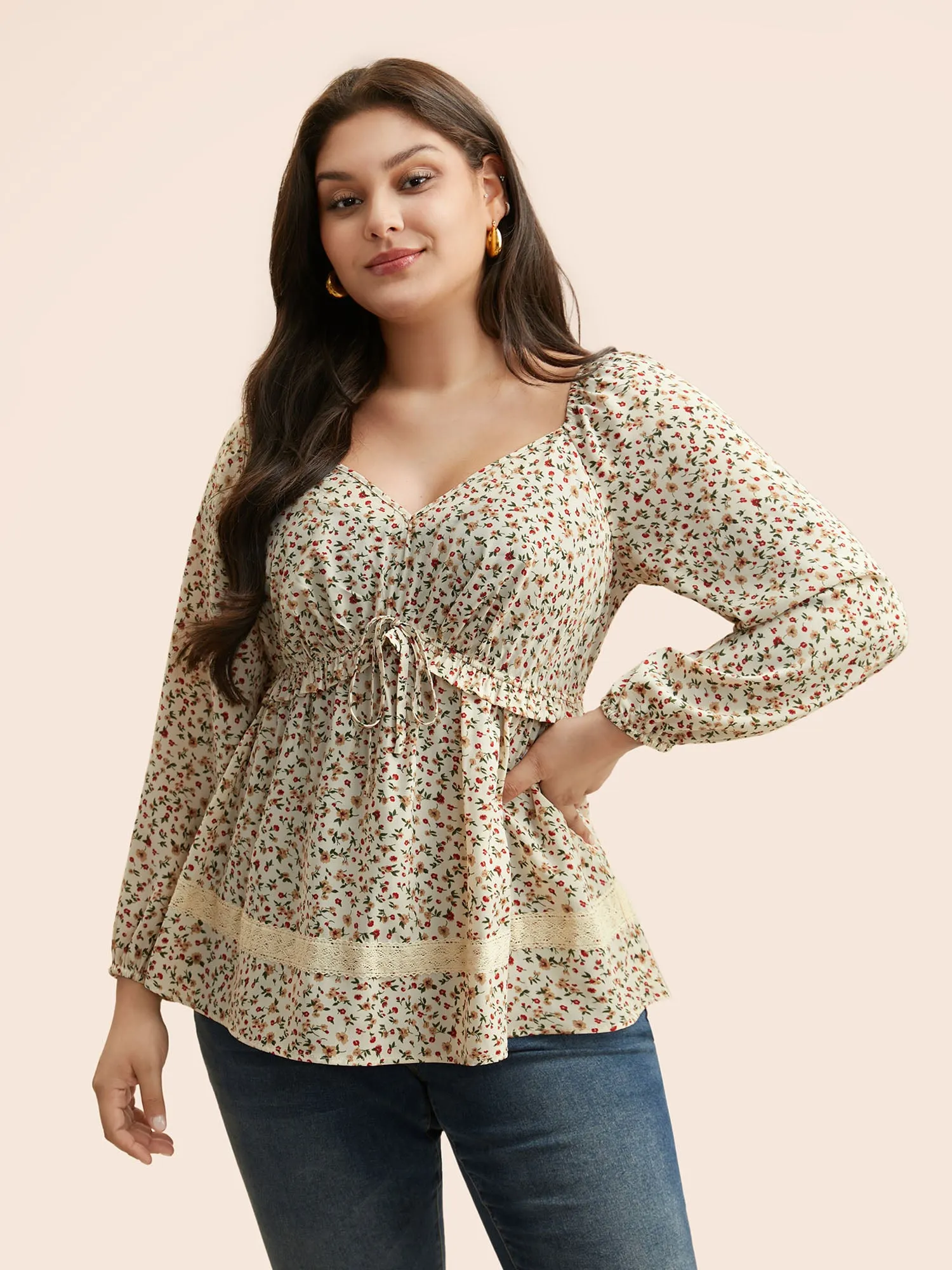 Ditsy Floral Lace Panel Ruffle Trim Blouse sold by Bloomchic